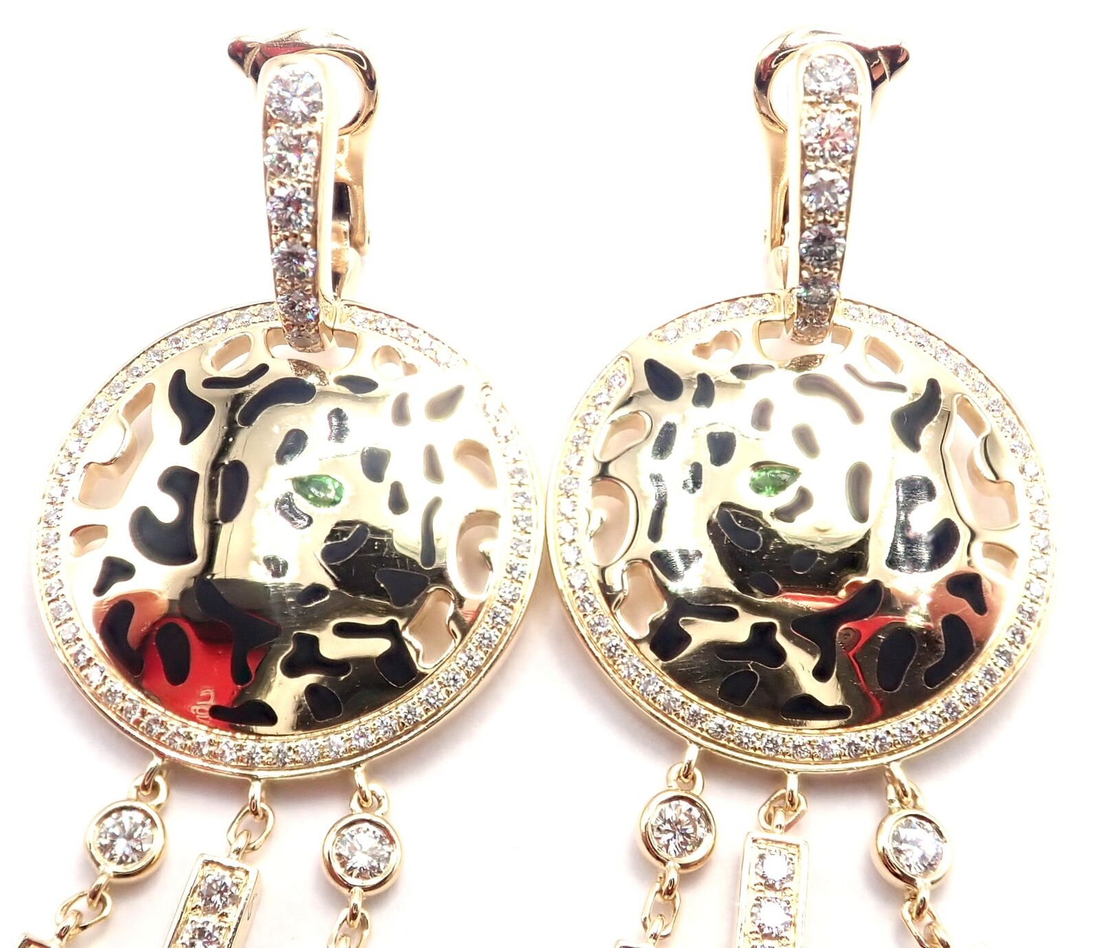 Authentic! Cartier Panther 18k Yellow Gold Diamond Lacquer Tsavorite Earrings | Fortrove