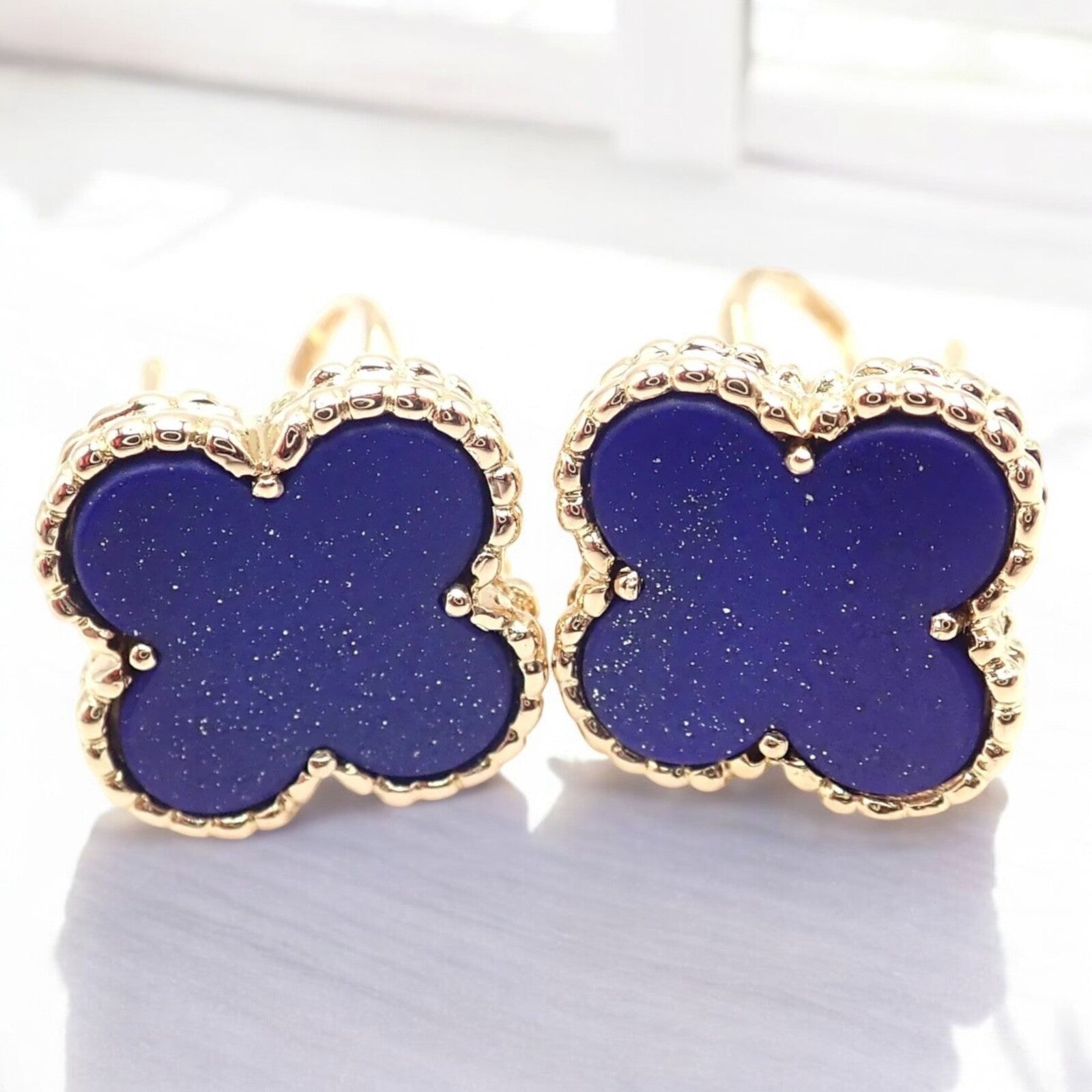 Van Cleef & Arpels 18k Yellow Gold Vintage Alhambra Blue Lapis Earrings Paper | Fortrove