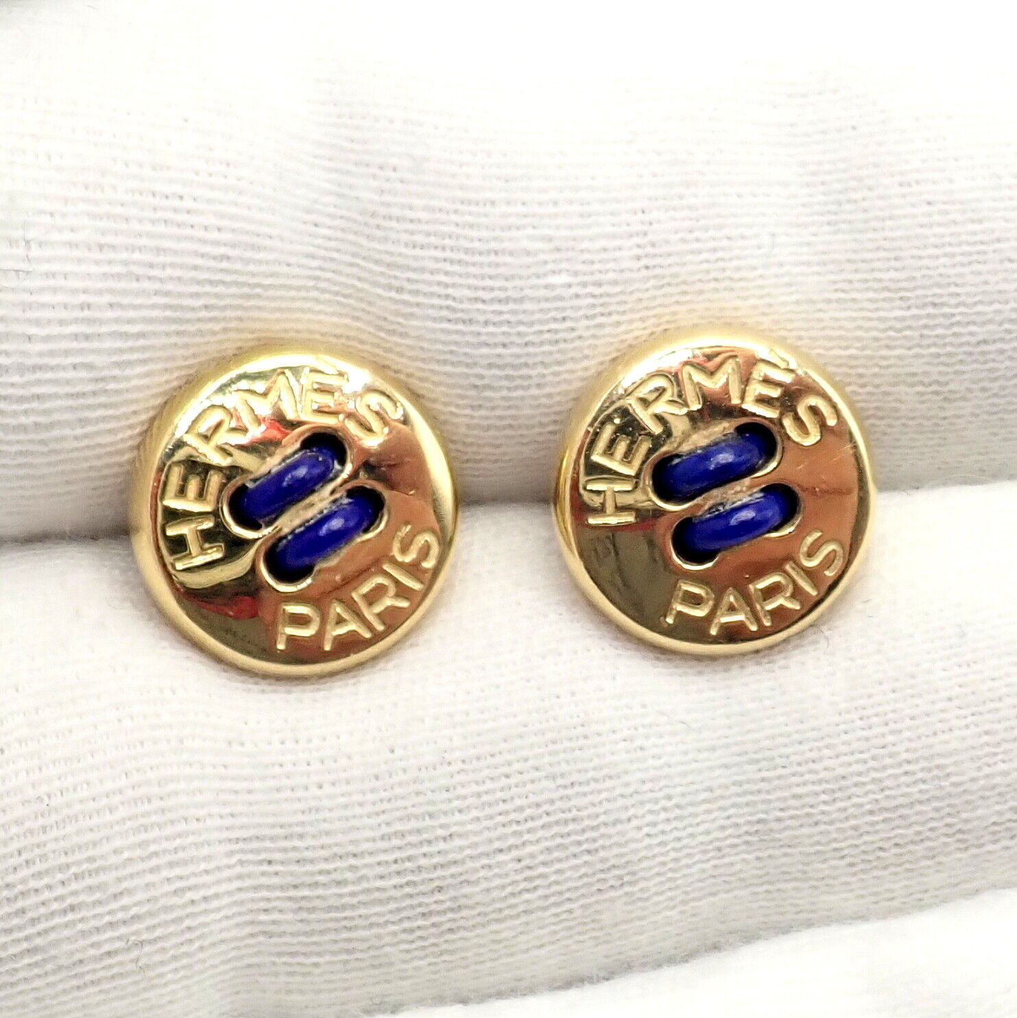 Rare! Vintage Authentic Hermes Paris 18k Yellow Gold Mens Lapis Button Cufflinks | Fortrove