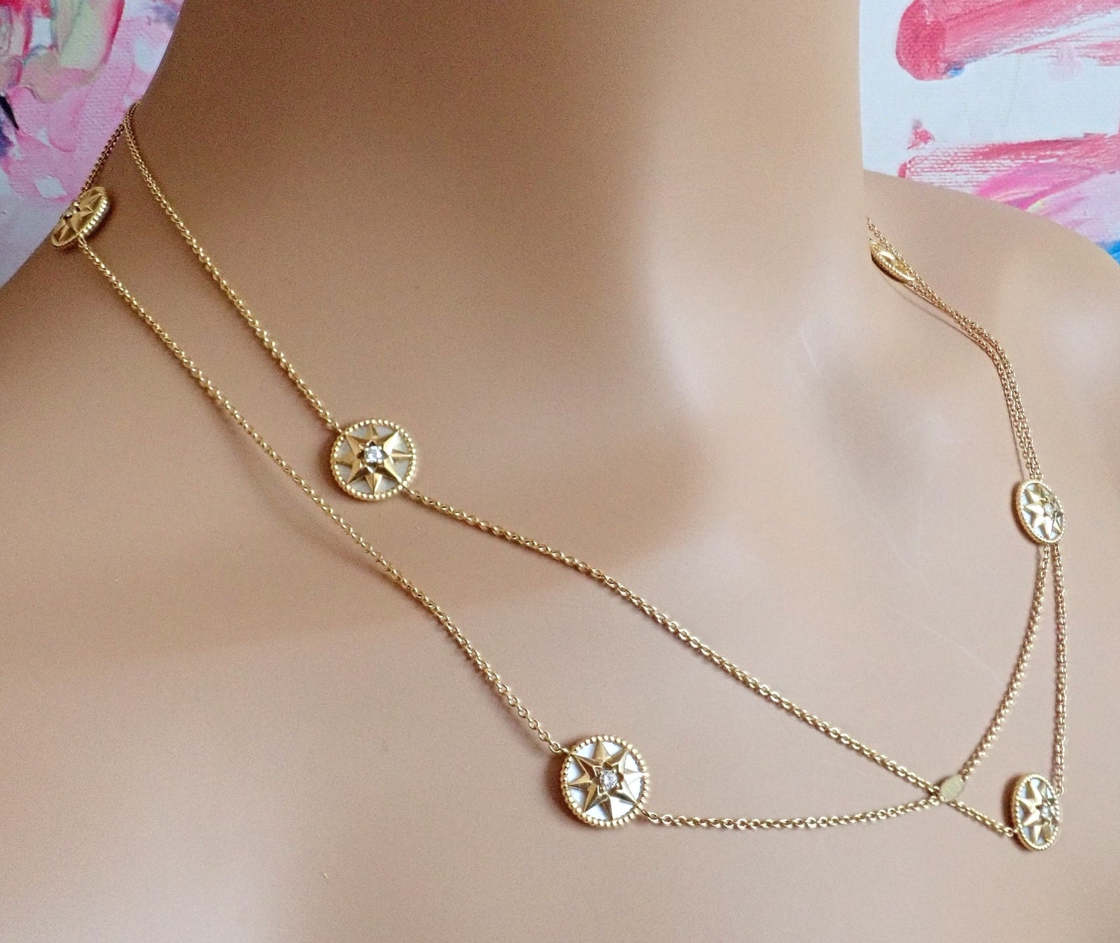 Christian Dior 18k Gold Rose De Vents Mother Of Pearl Diamond 42" Long Necklace | Fortrove
