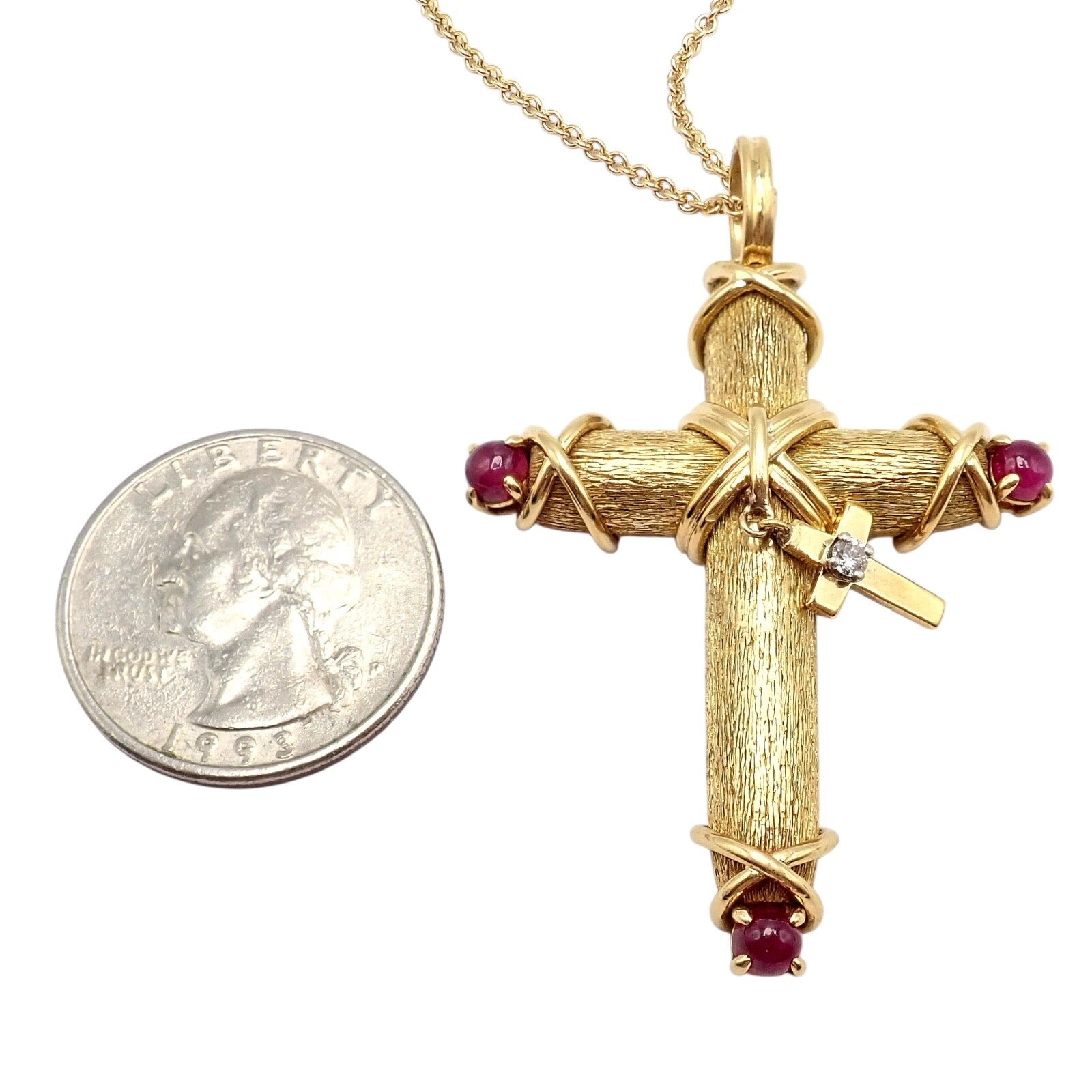 Tiffany & Co Schlumberger 18k Yellow Gold Ruby Diamond Cross 24" Chain Necklace | Fortrove