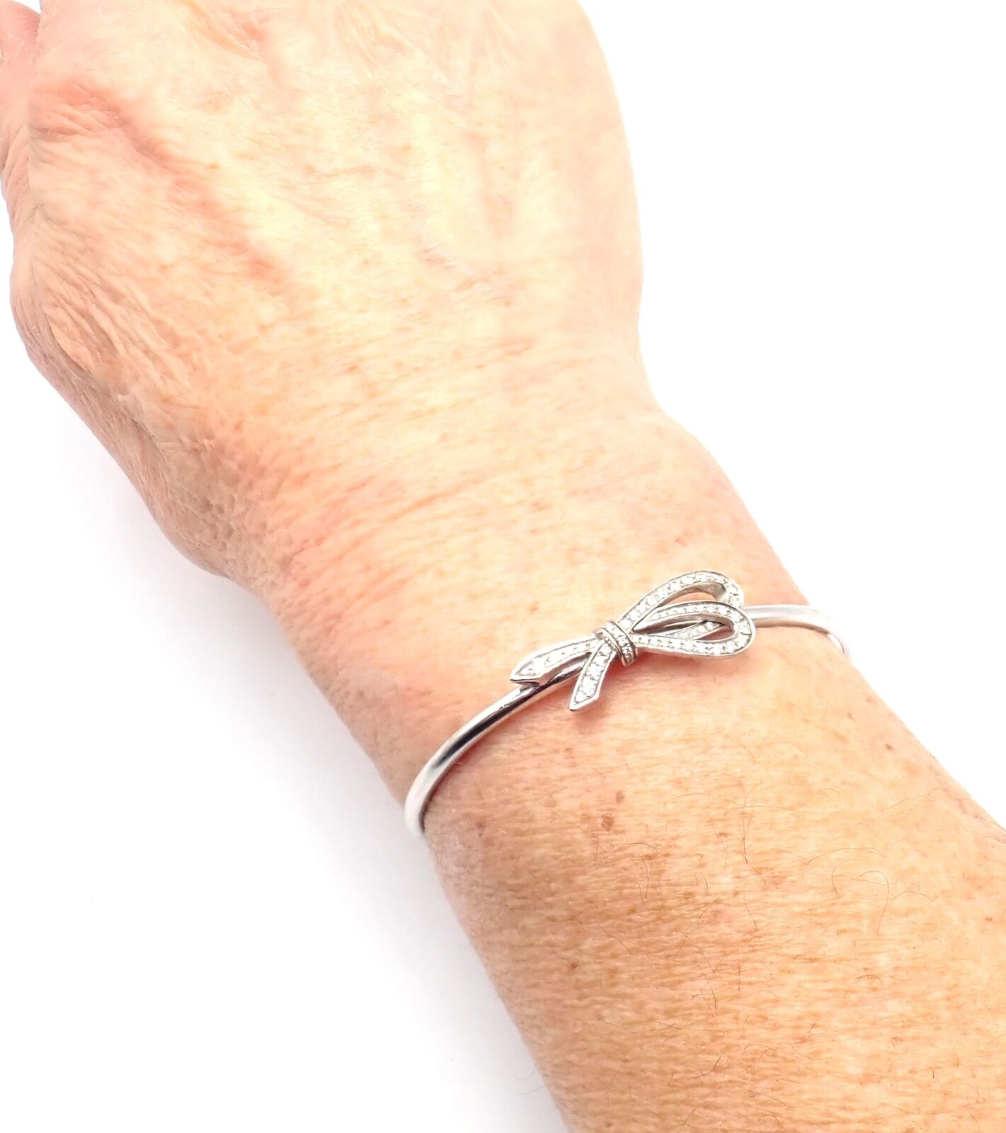 Authentic! Tiffany & Co 18k White Gold Diamond Bow Ribbon Bangle Cuff Bracelet | Fortrove