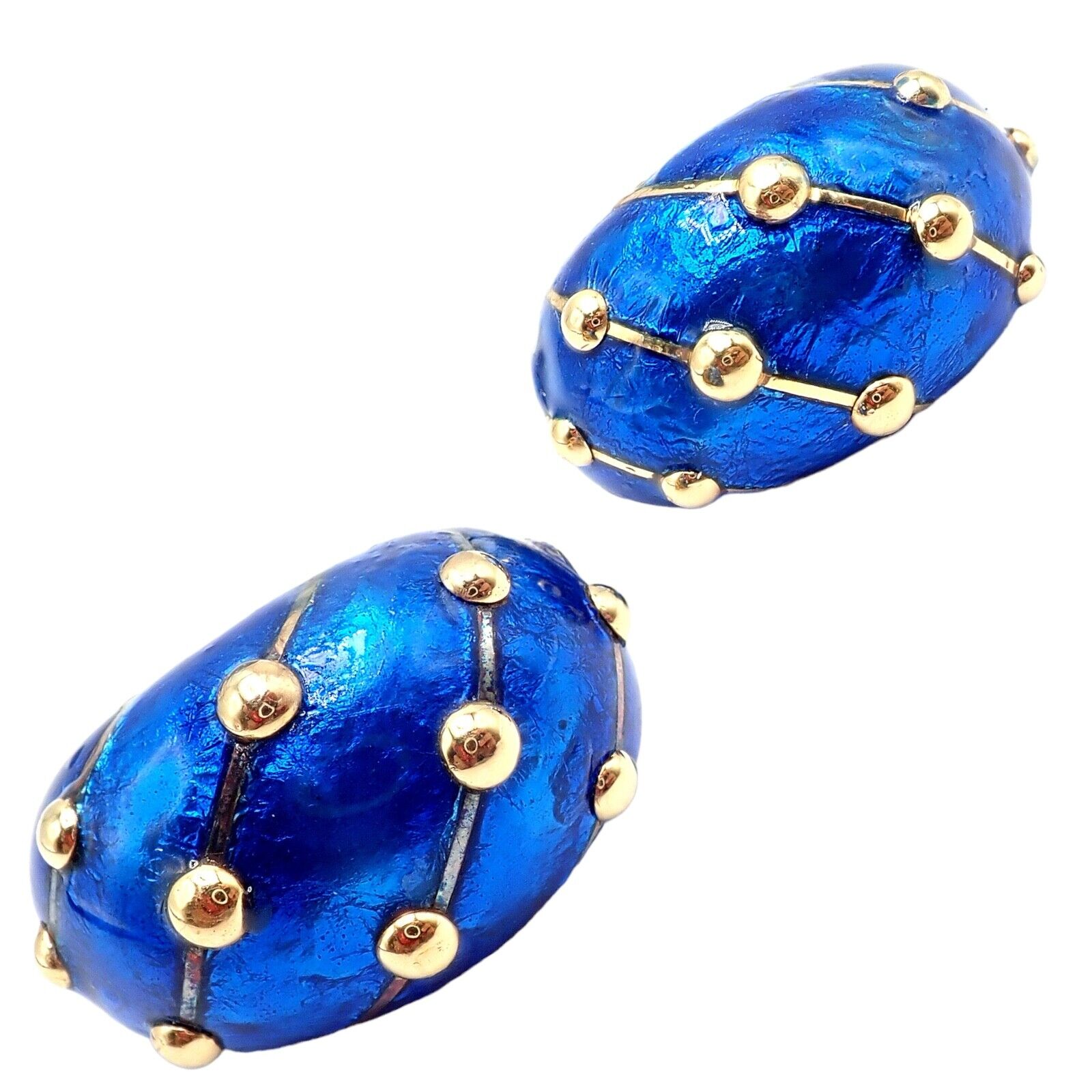 Rare Tiffany & Co Schlumberger 18k Yellow Gold Large Blue Enamel Banana Earrings | Fortrove
