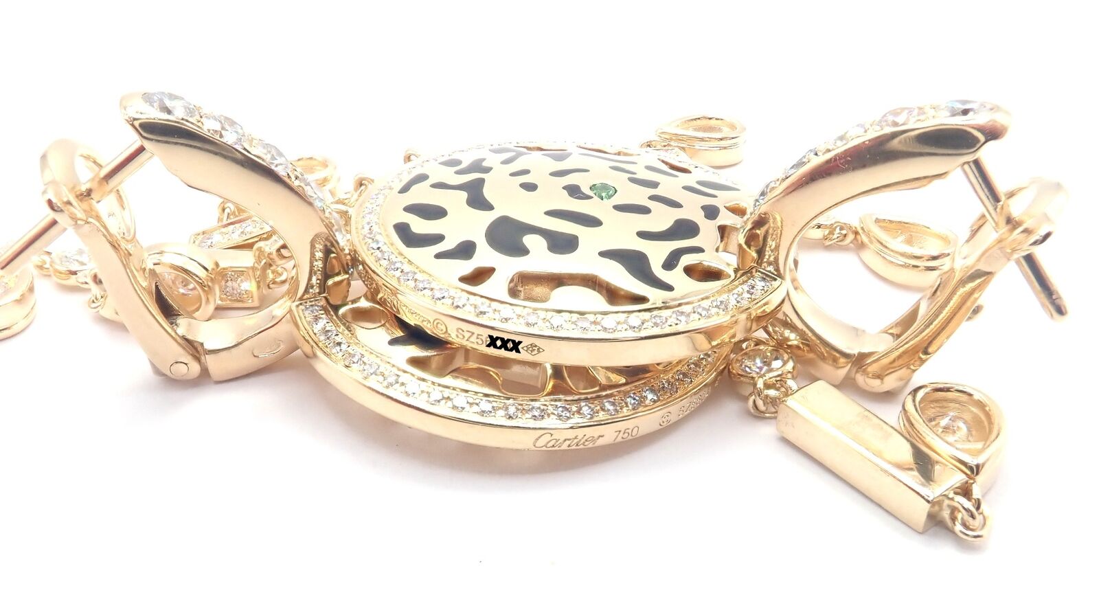 Authentic! Cartier Panther 18k Yellow Gold Diamond Lacquer Tsavorite Earrings | Fortrove