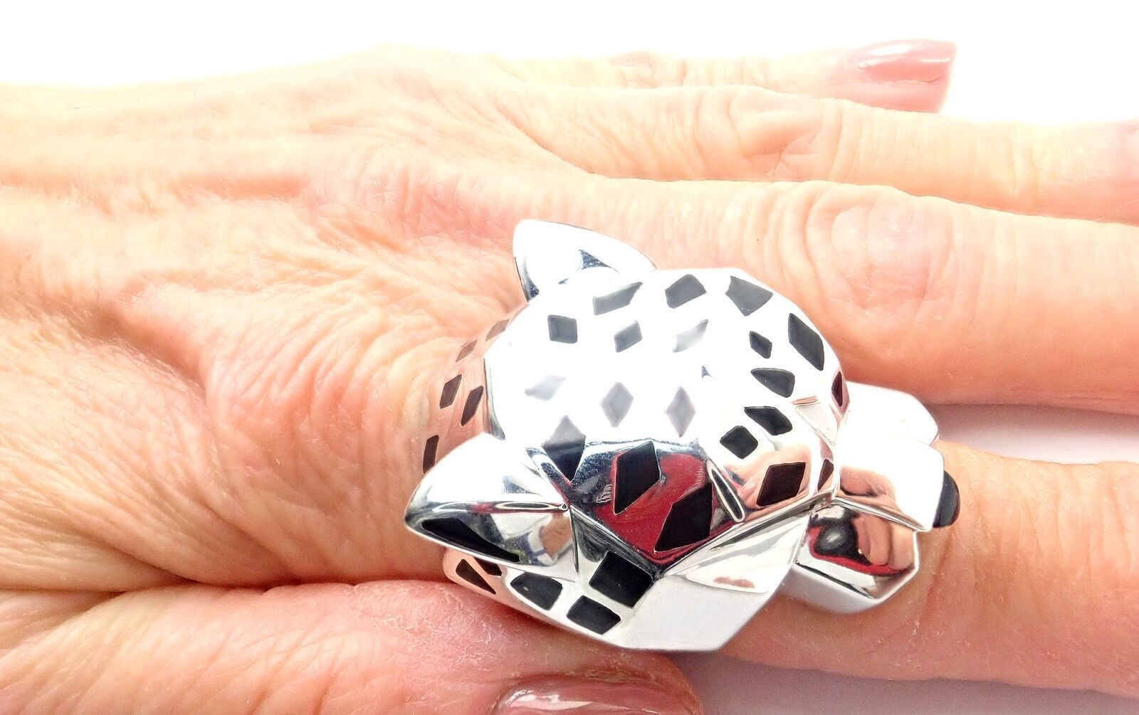 Cartier Panther Panthere 18k White Gold Peridot Onyx Lacquer Large Ring Cert | Fortrove