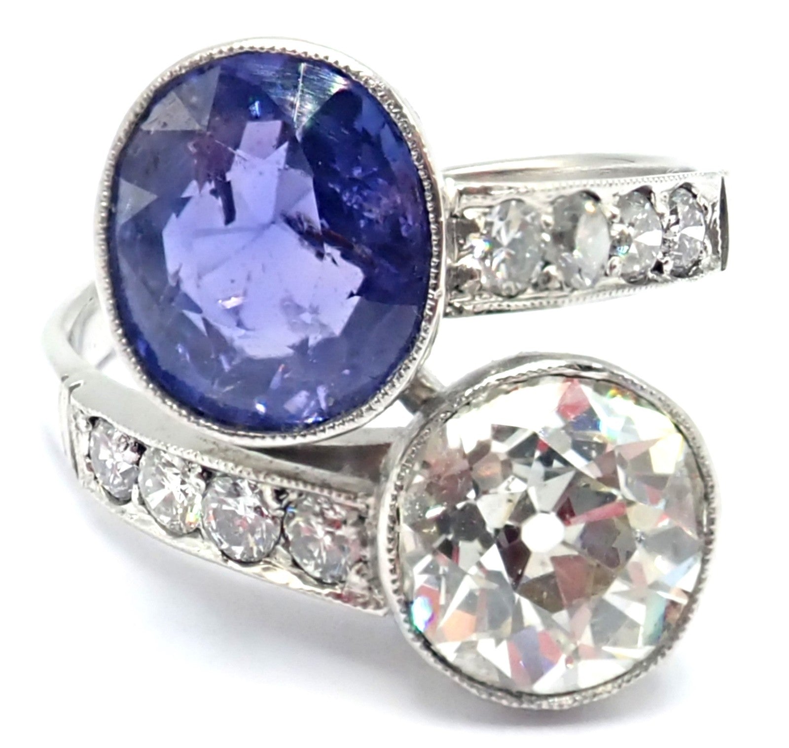 Estate Jewelry & Watches:Vintage & Antique Jewelry:Rings Vintage Estate Platinum Diamond Sapphire Art Deco Crossover Ring