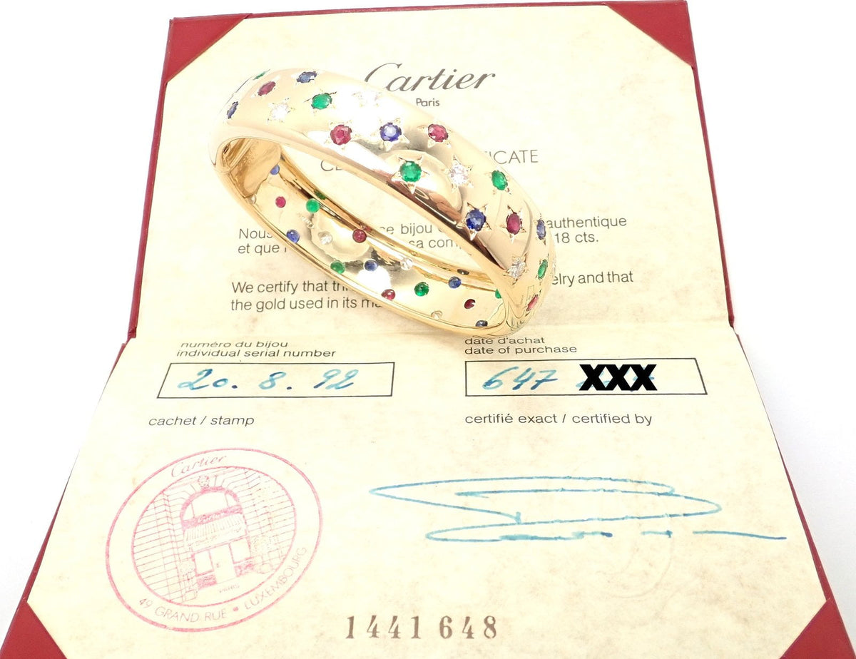 Cartier Jewelry & Watches:Fine Jewelry:Bracelets & Charms Cartier Star 18k Yellow Gold Diamond Ruby Emerald Sapphire Bangle Bracelet Cert.