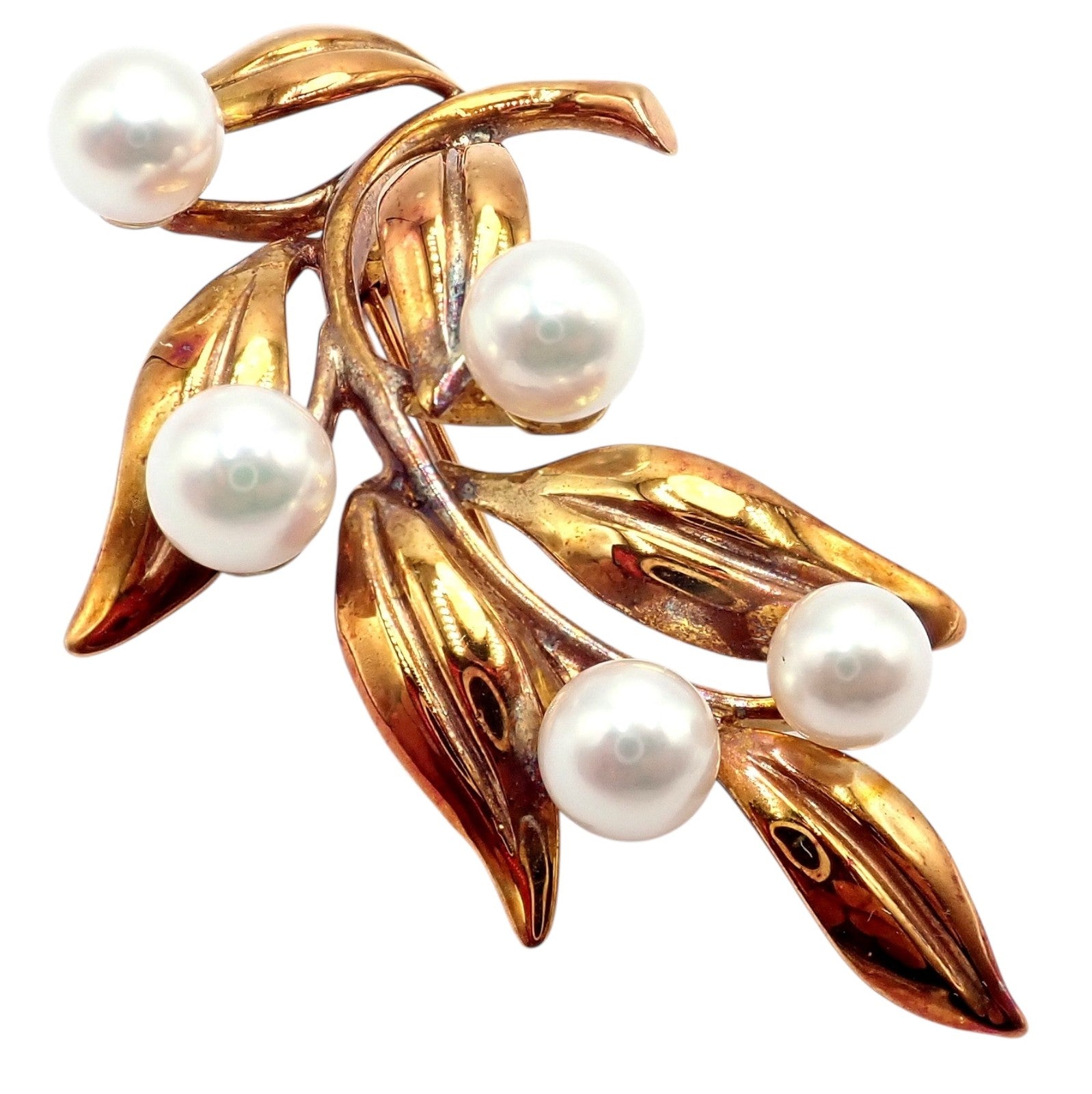 Vintage Tiffany & Co 18k Gold 5 Pearl Leaf Branch Pin Brooch 1987 | Fortrove