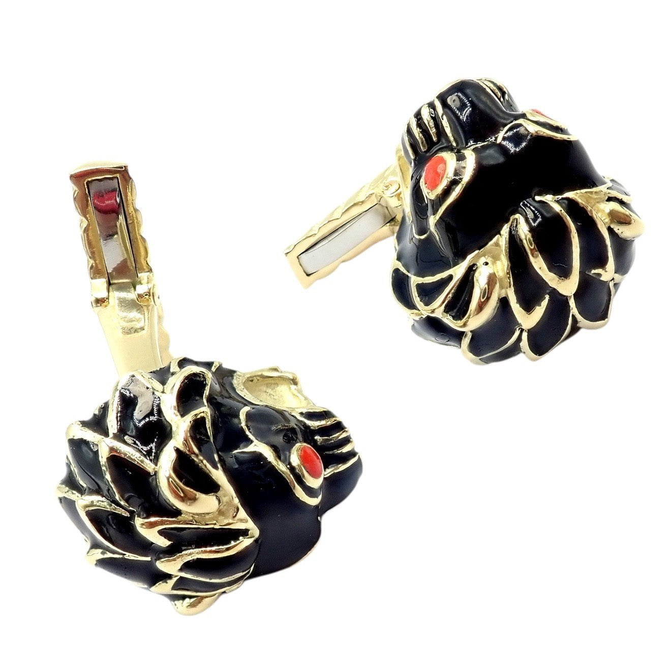 Vintage! David Webb 18k Yellow Gold Black Enamel Lion Cufflinks | Fortrove