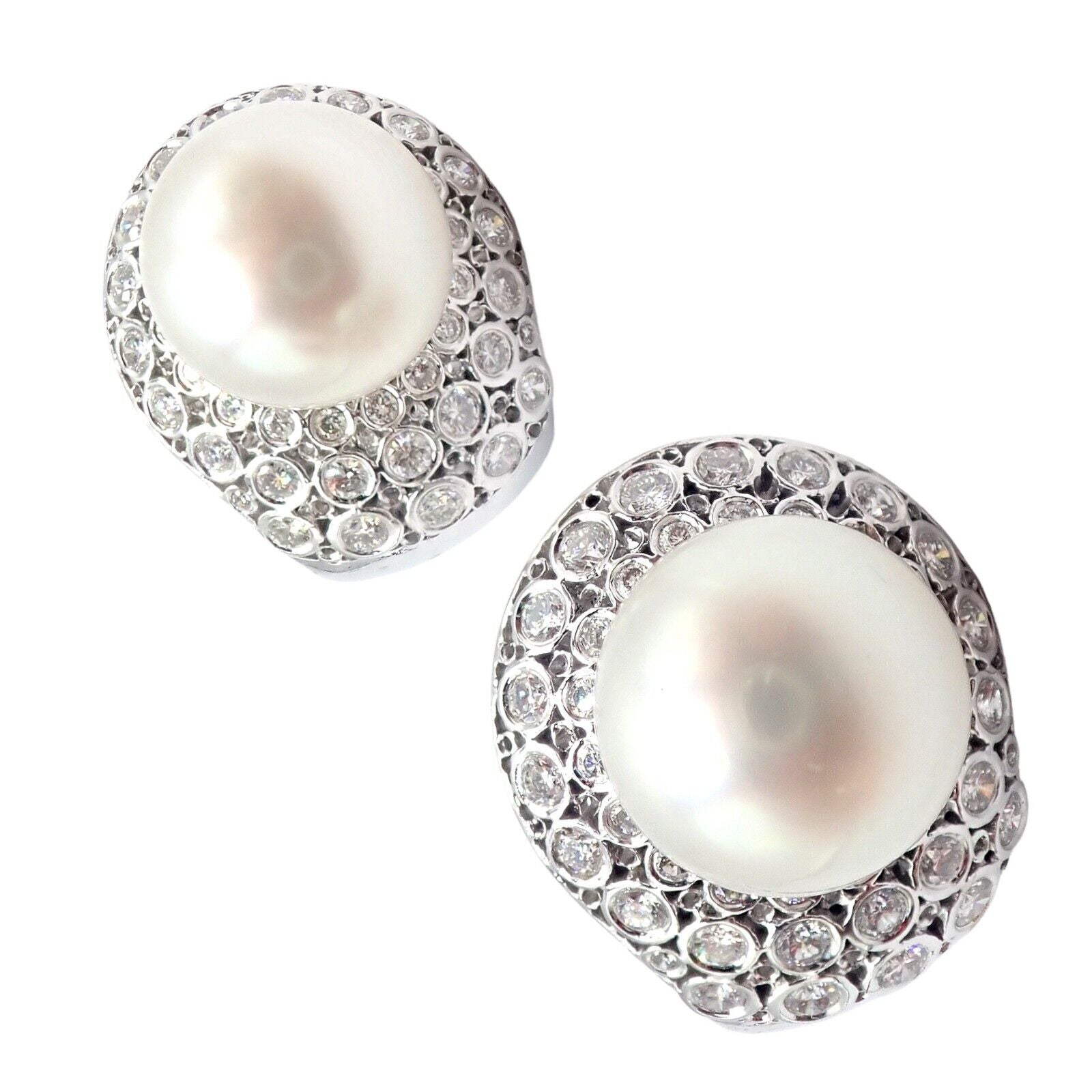 Vintage Estate 18k White Gold Diamond 13mm Pearl Earrings | Fortrove