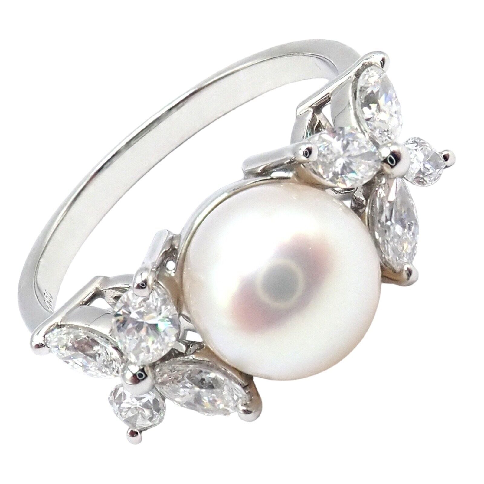 Authentic! Tiffany & Co Victoria Platinum Diamond 7.5mm Pearl Band Ring | Fortrove