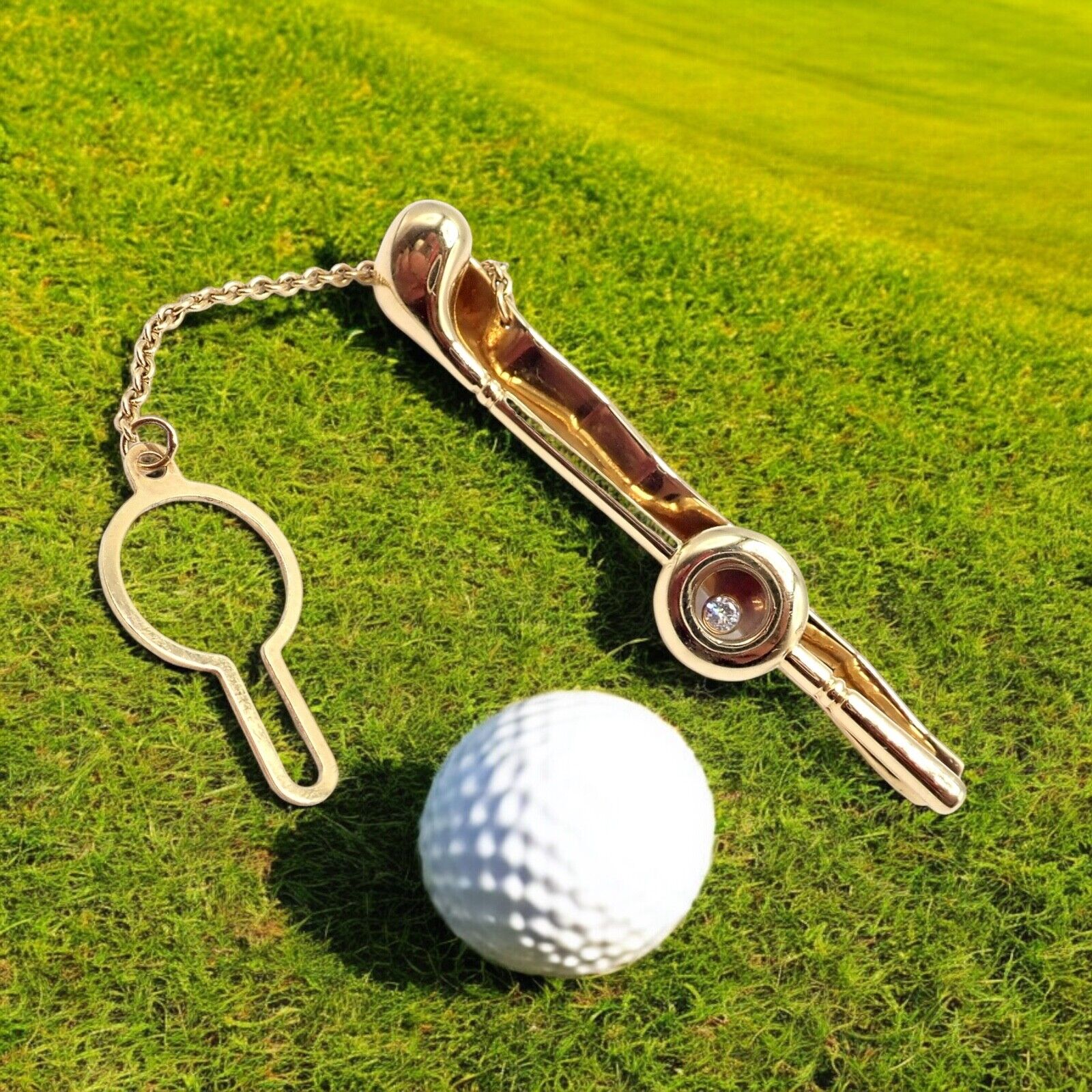 Authentic! Chopard 18k Yellow Gold Happy Diamond Golf Club Tie Clip | Fortrove