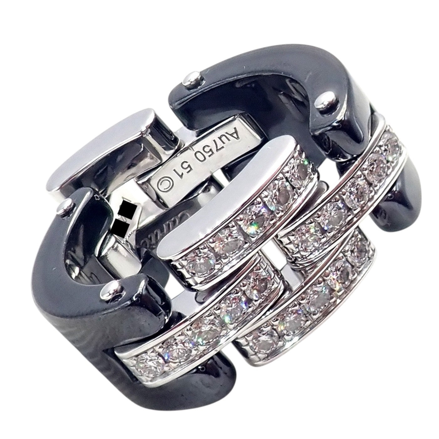 Cartier 18k White Gold Diamond Ceramic Maillon Panthere Ring Size 51 US 5.75 | Fortrove