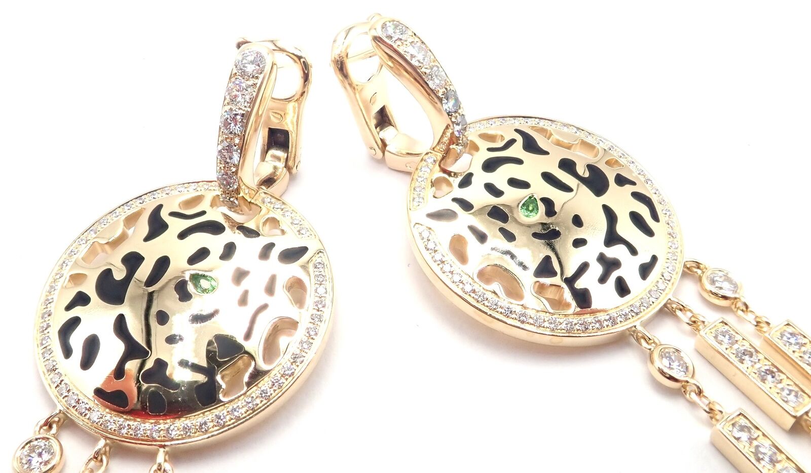 Authentic! Cartier Panther 18k Yellow Gold Diamond Lacquer Tsavorite Earrings | Fortrove