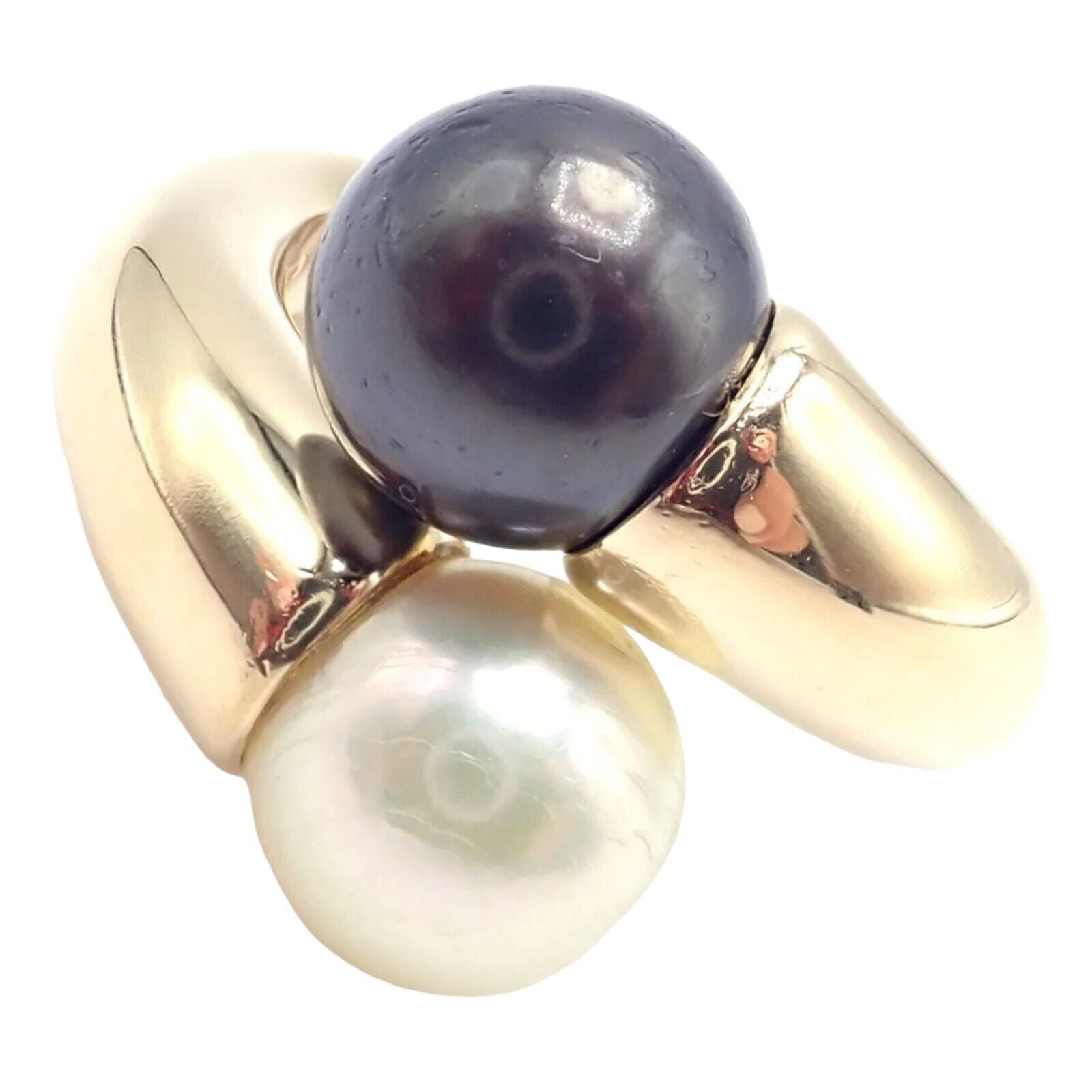 Authentic! Cartier Toi Et Moi 18k Yellow Gold White Black Pearl Bypass Band Ring | Fortrove