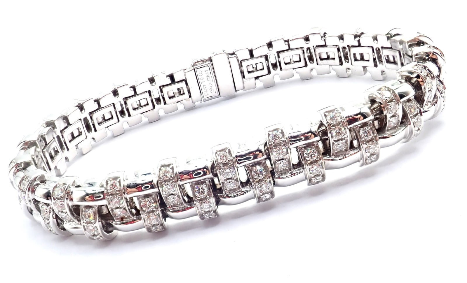Authentic! Tiffany & Co Vannerie 18k White Gold Basket Weave Diamond Bracelet | Fortrove