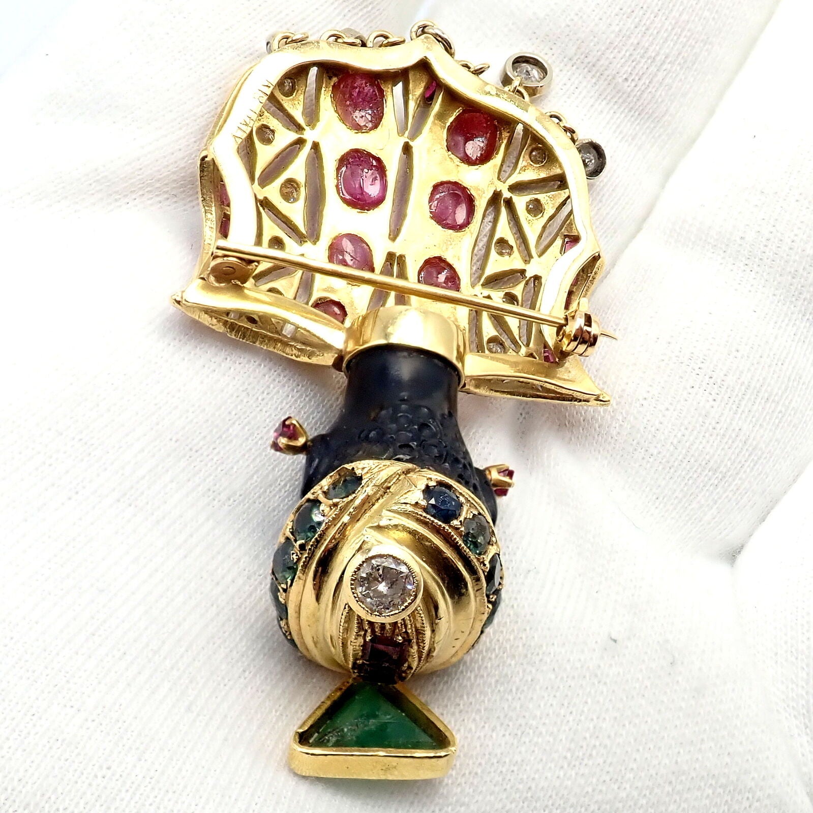 Rare! Ethel Merman Estate 18k Yellow Gold Large Blackamoor Diamond Ruby Brooch | Fortrove