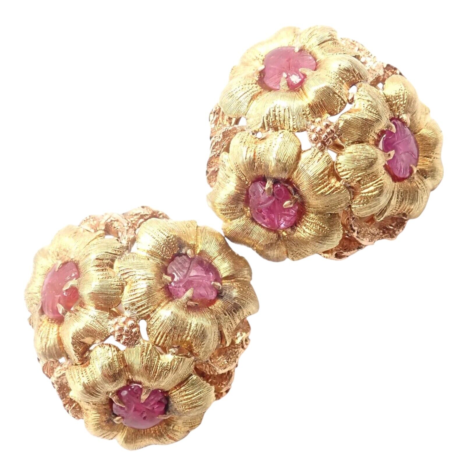 Authentic! Vintage Buccellati 18k Yellow Gold Carved Ruby Flower Earrings | Fortrove