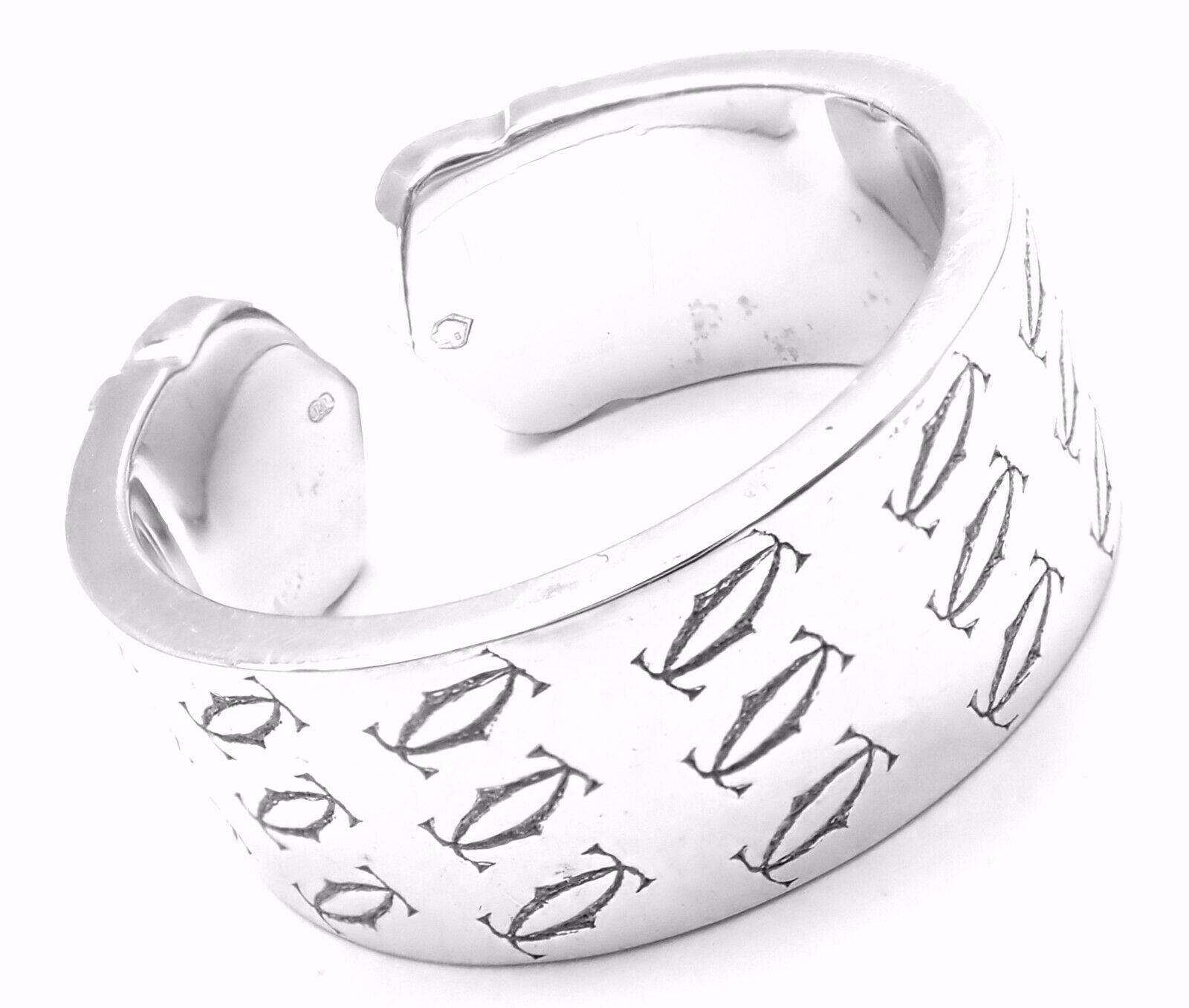 Authentic! Cartier Logo 18k White Gold Double C Motif Monogram Band Ring Sz 6.25 | Fortrove