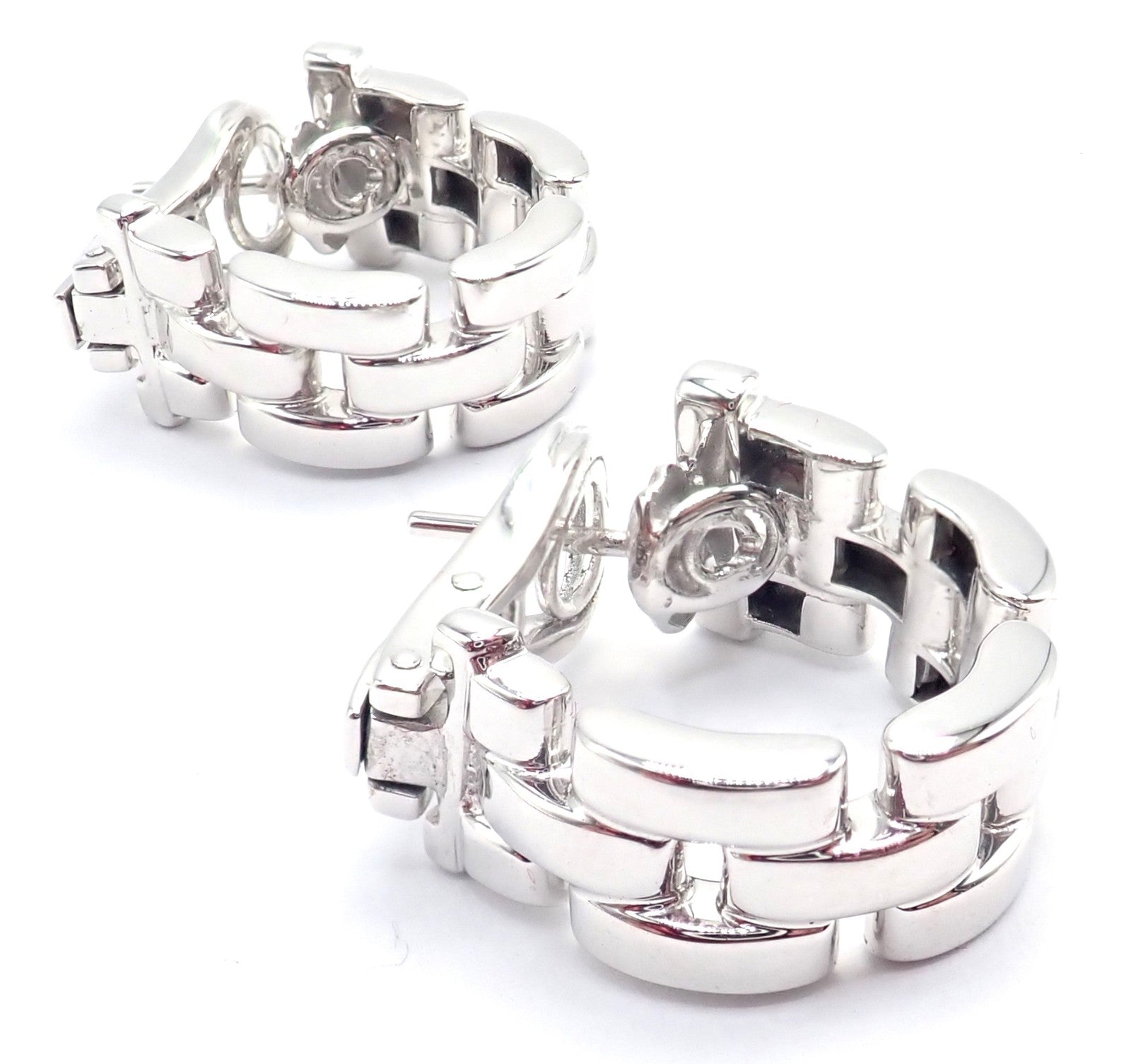 Authentic! Cartier Maillon Panthere 18K White Gold Three Row Link Hoop Earrings | Fortrove