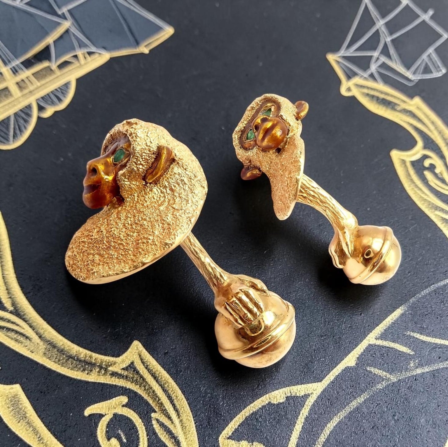Tiffany & Co. Jewelry & Watches:Men's Jewelry:Cufflinks Vintage Tiffany & Co. 18k Yellow Gold Emerald Enamel Monkey Cufflinks 1991