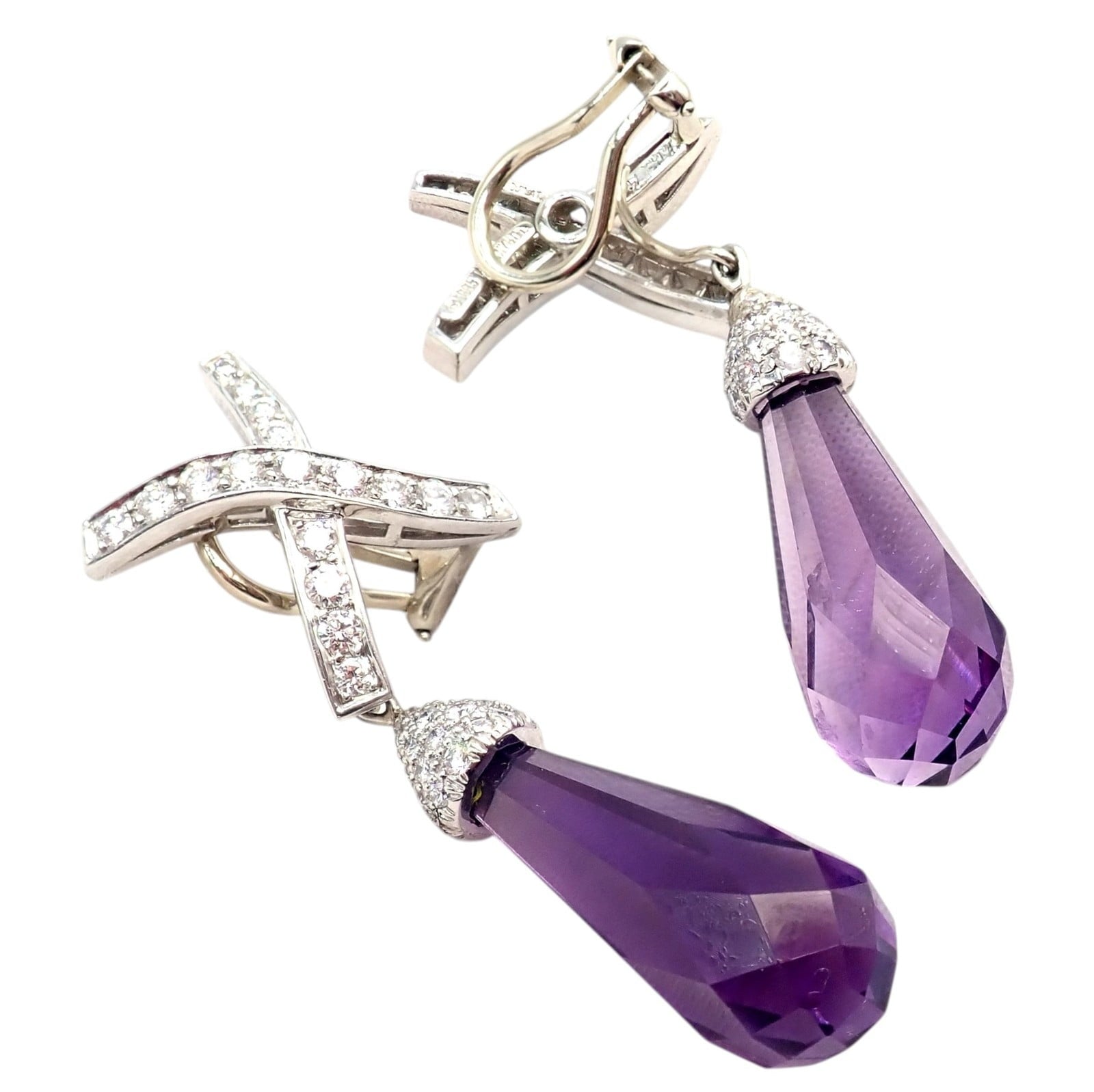 Tiffany & Co Picasso Platinum X Drop Diamond Amethyst Night + Day Earrings 1985 | Fortrove