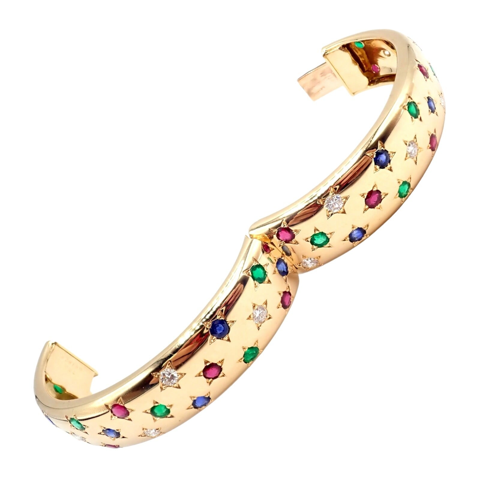 Cartier Jewelry & Watches:Fine Jewelry:Bracelets & Charms Cartier Star 18k Yellow Gold Diamond Ruby Emerald Sapphire Bangle Bracelet Cert.