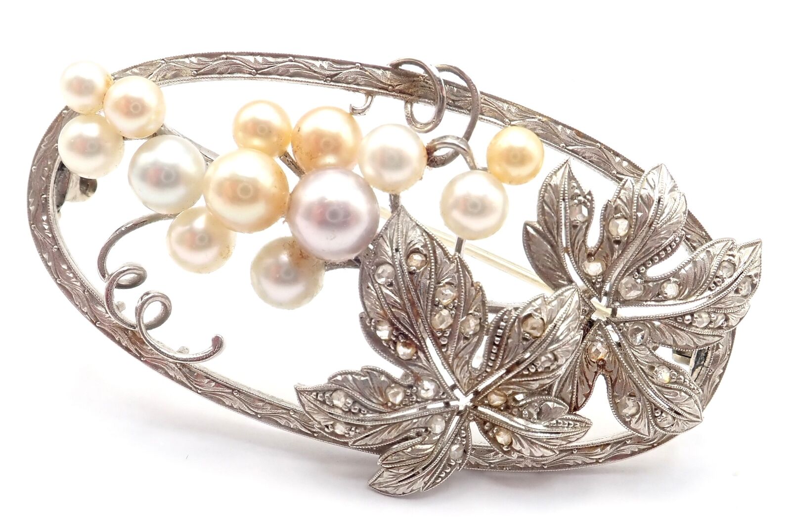 Vintage! Authentic Mikimoto 14k White Gold Diamond Pearl Brooch Pin | Fortrove