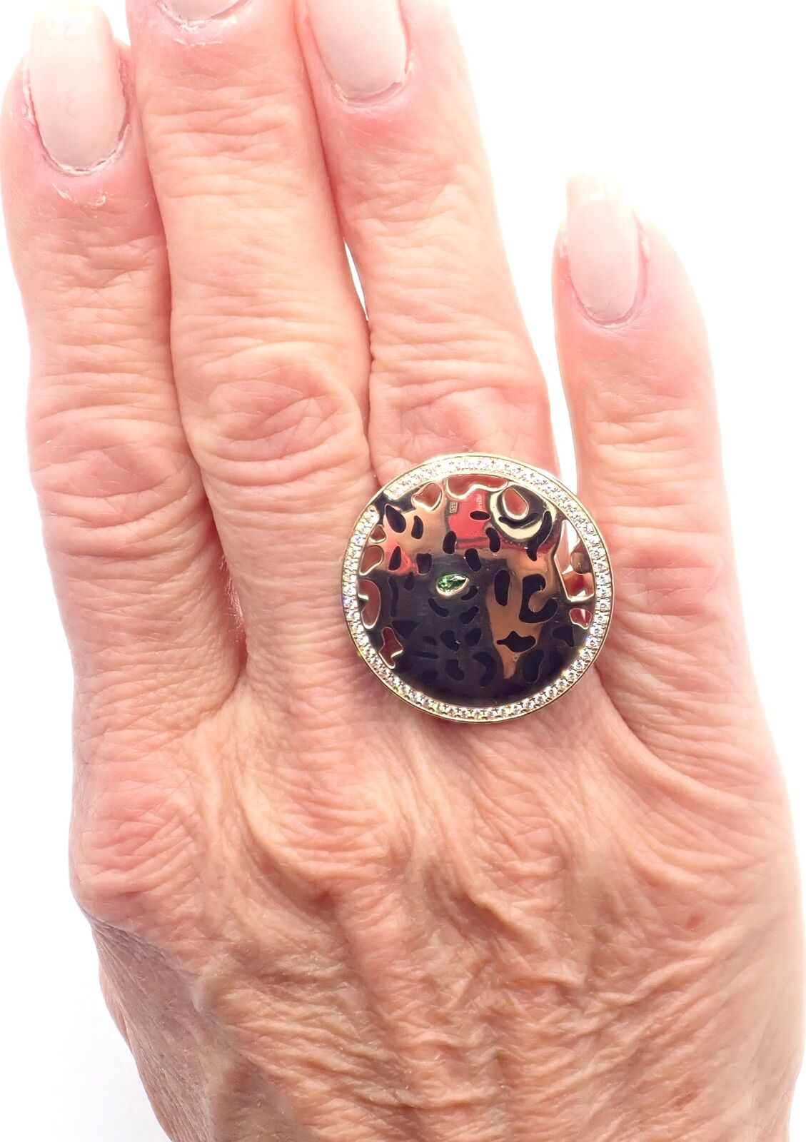 Authentic! Cartier Panther 18k Yellow Gold Diamond Lacquer Tsavorite Ring | Fortrove