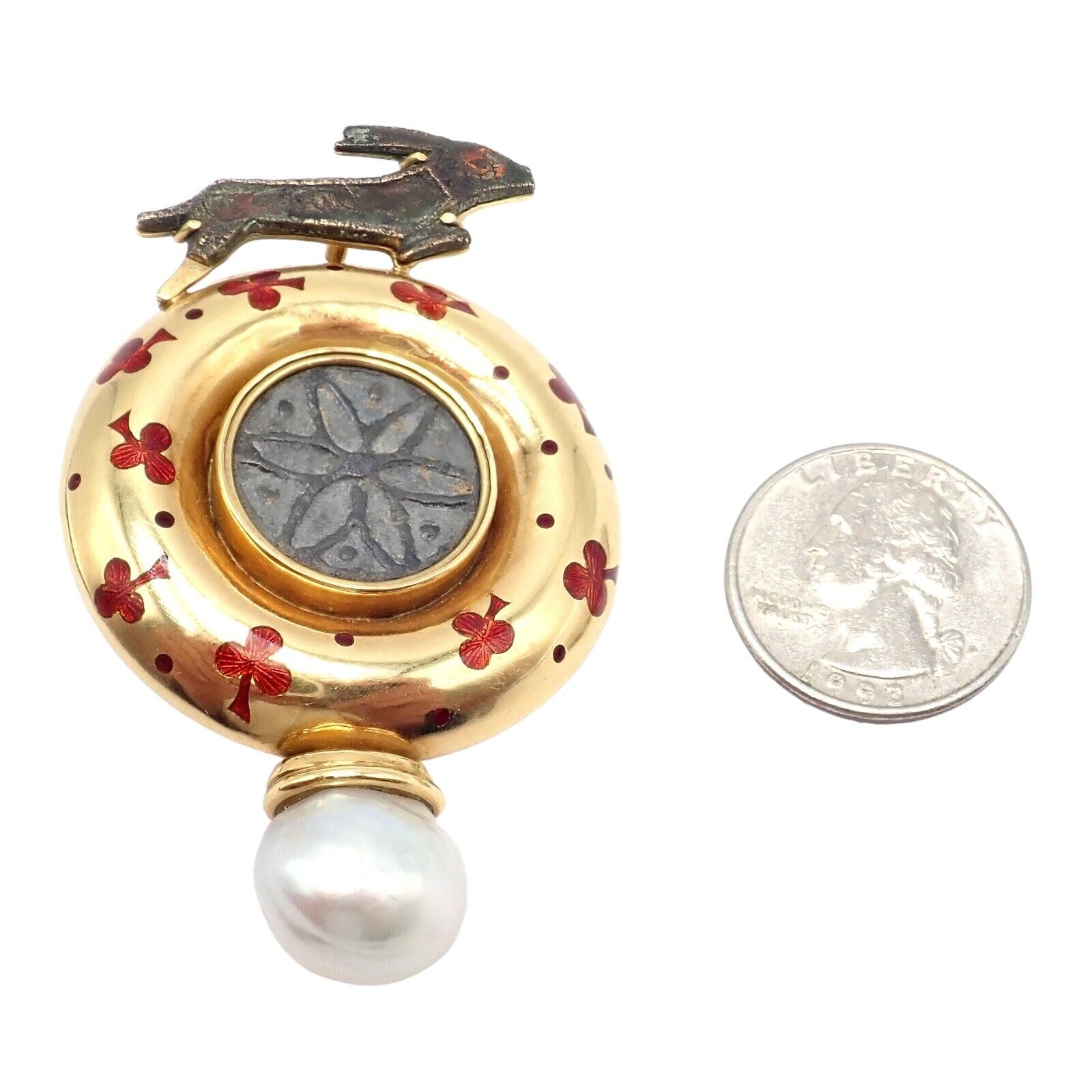 Vintage Elizabeth Gage 18k Yellow Gold Pearl Ancient Coin Enamel Hare Pin Brooch | Fortrove