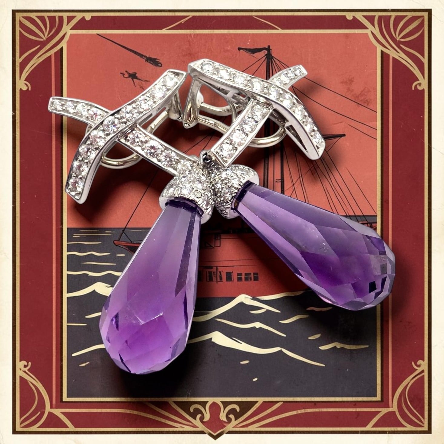 Tiffany & Co Picasso Platinum X Drop Diamond Amethyst Night + Day Earrings 1985 | Fortrove