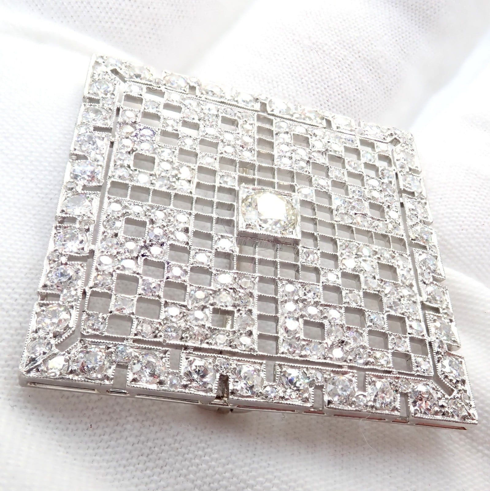 Vintage Estate Art Deco Platinum 5ctw Diamond Square Pin Brooch | Fortrove