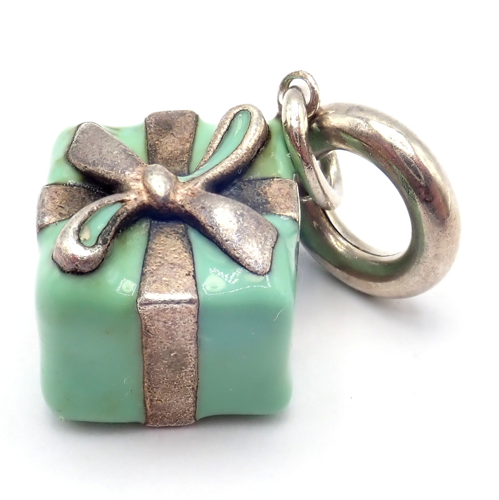 Vintage! Tiffany & Co. Enamel Gift Box Silver Charm Pendant + Spring Ring Clasp | Fortrove