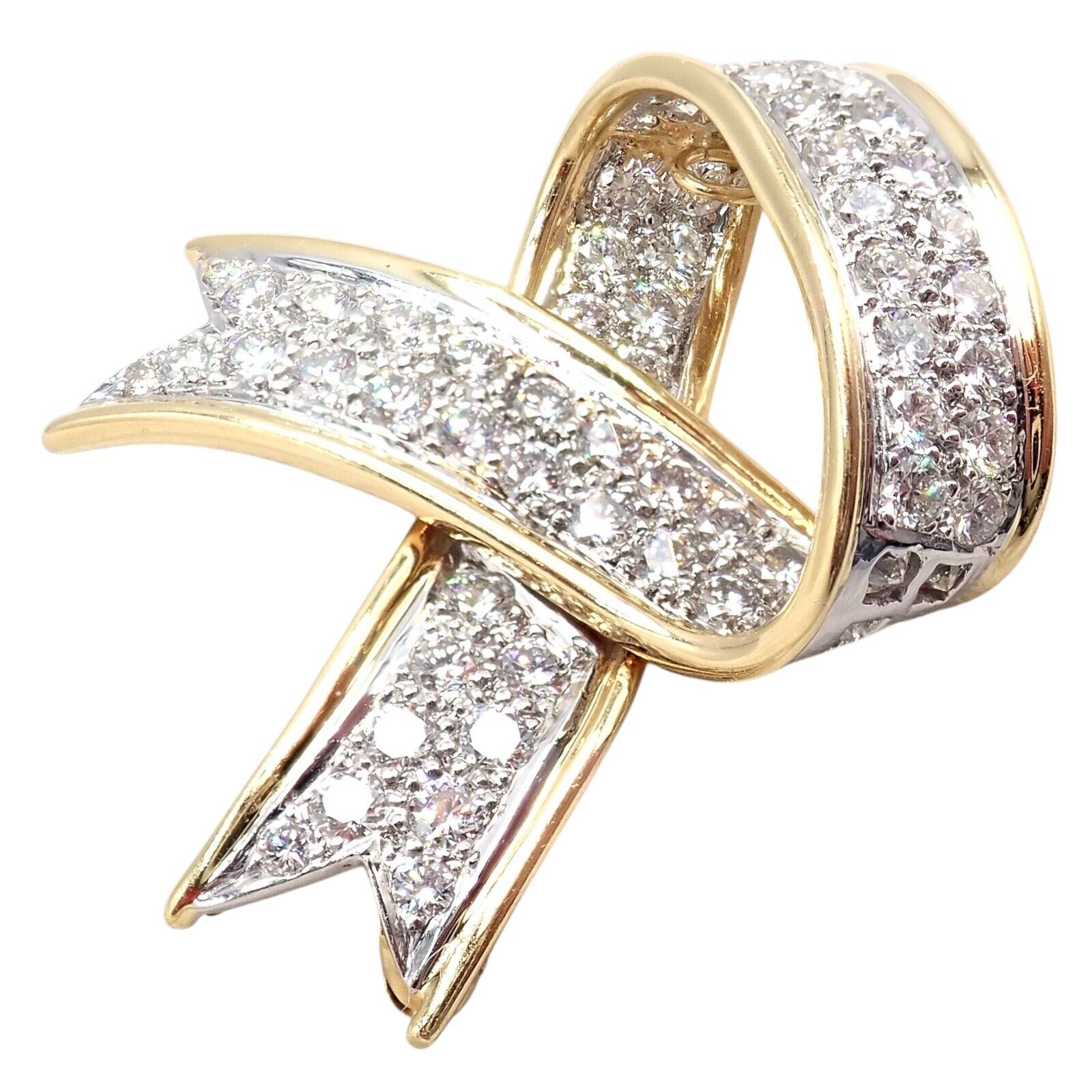 Vintage! Tiffany & Co 18k Yellow Gold Platinum Diamond Ribbon Bow Pin Brooch | Fortrove