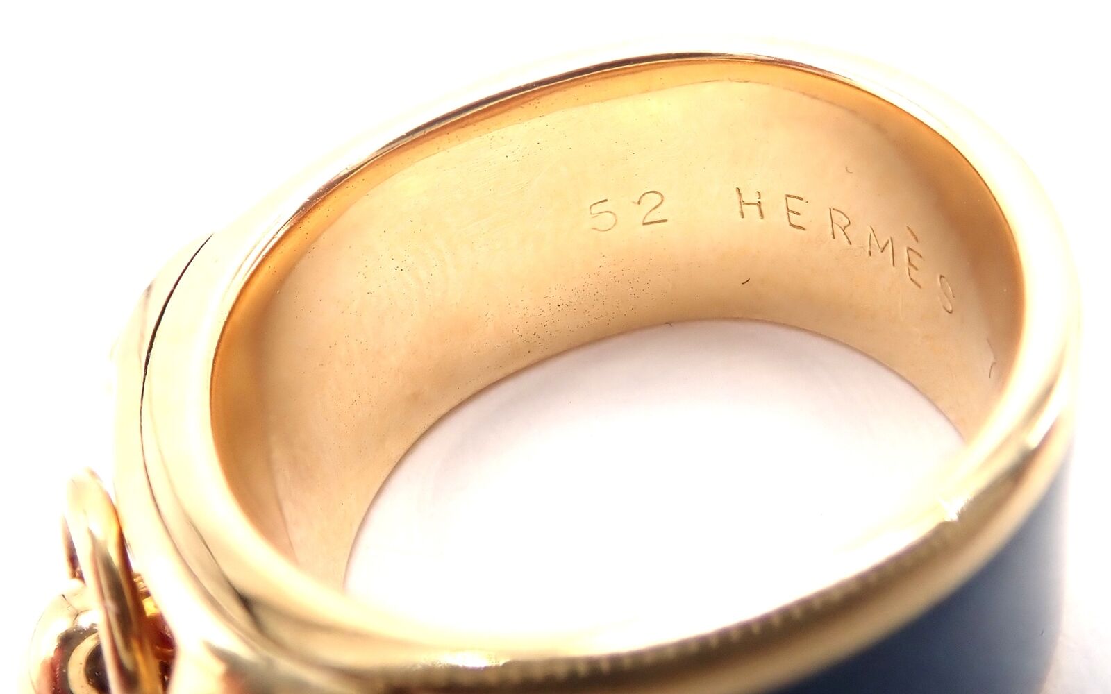 Authentic! Hermes Collier de Chien 18K Yellow Gold Blue Enamel Band Ring Size 6 | Fortrove