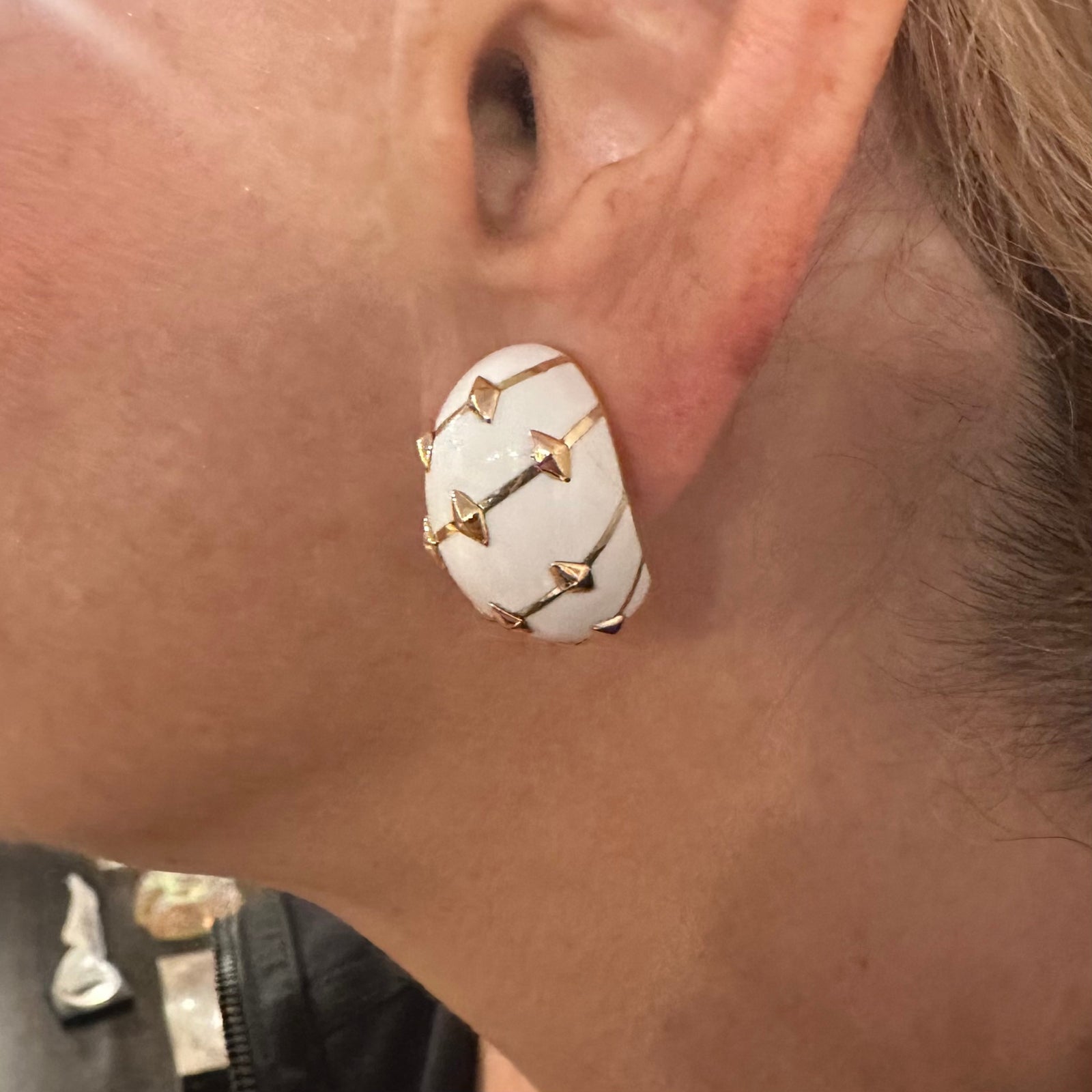 Tiffany & Co Schlumberger Dot Losange 18k Yellow Gold White Enamel Hoop Earrings | Fortrove