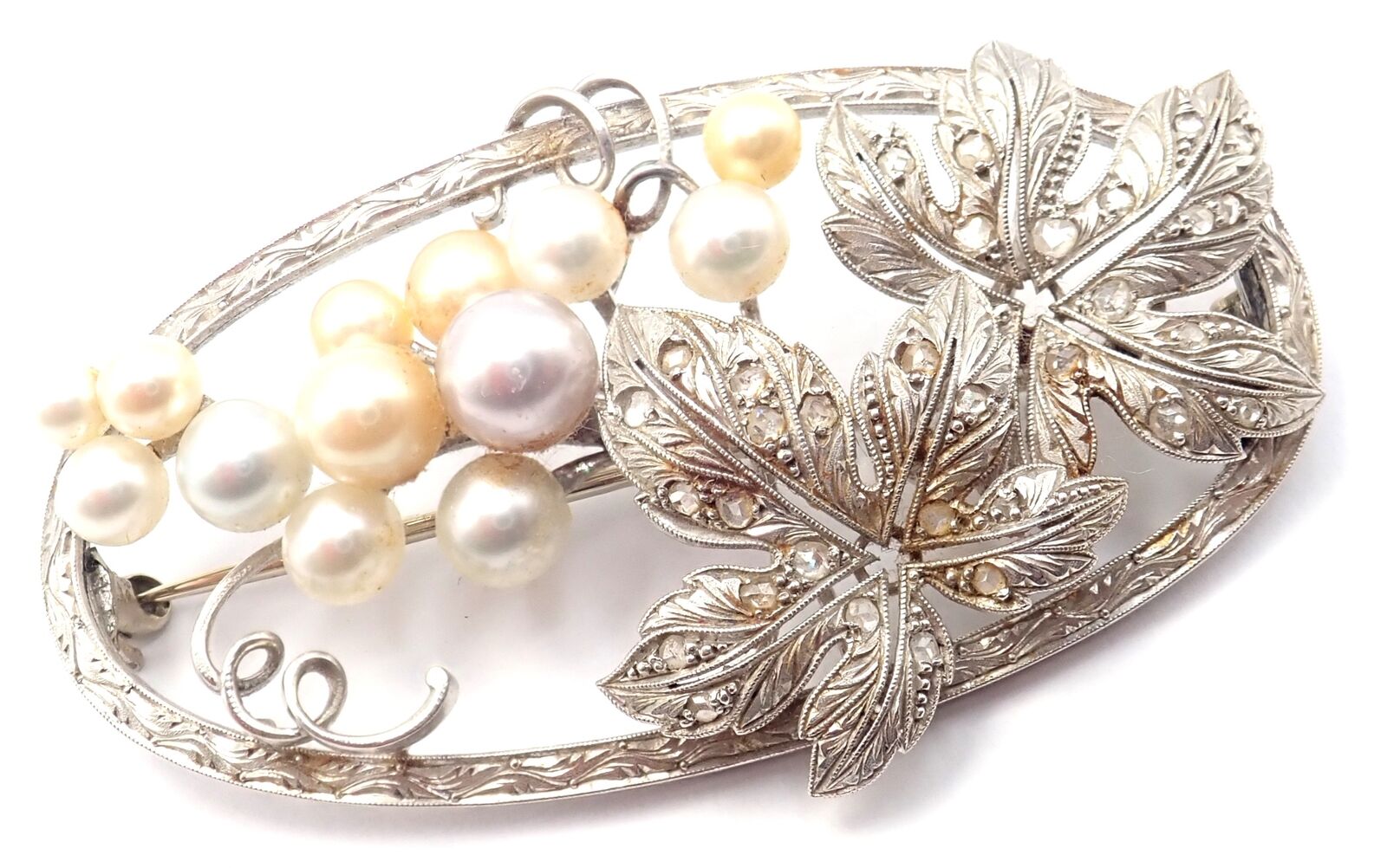 Vintage! Authentic Mikimoto 14k White Gold Diamond Pearl Brooch Pin | Fortrove