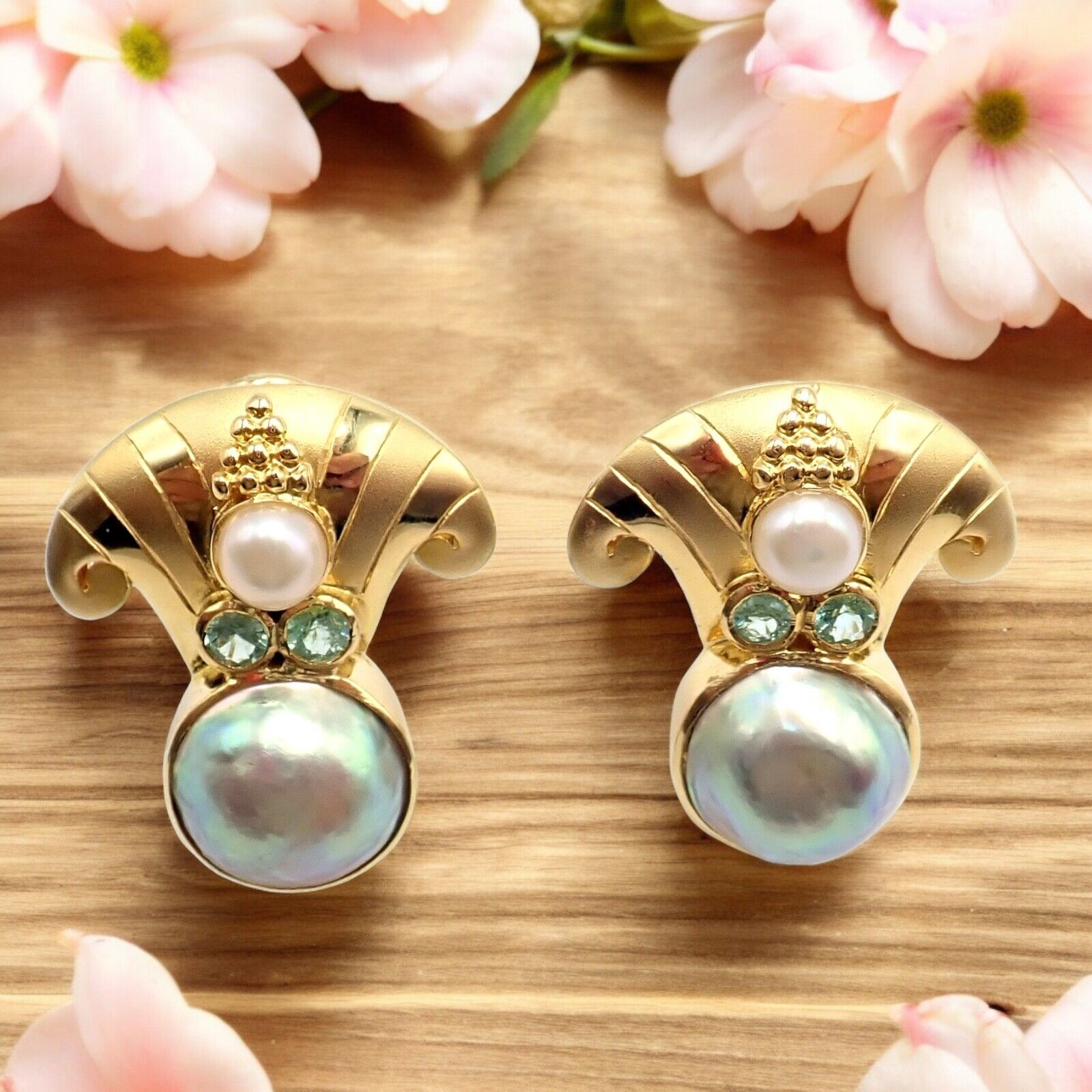 Rare! Vintage Paula Crevoshay 18k Gold Abalone Pearl Blue Gemstone Earrings OOAK | Fortrove