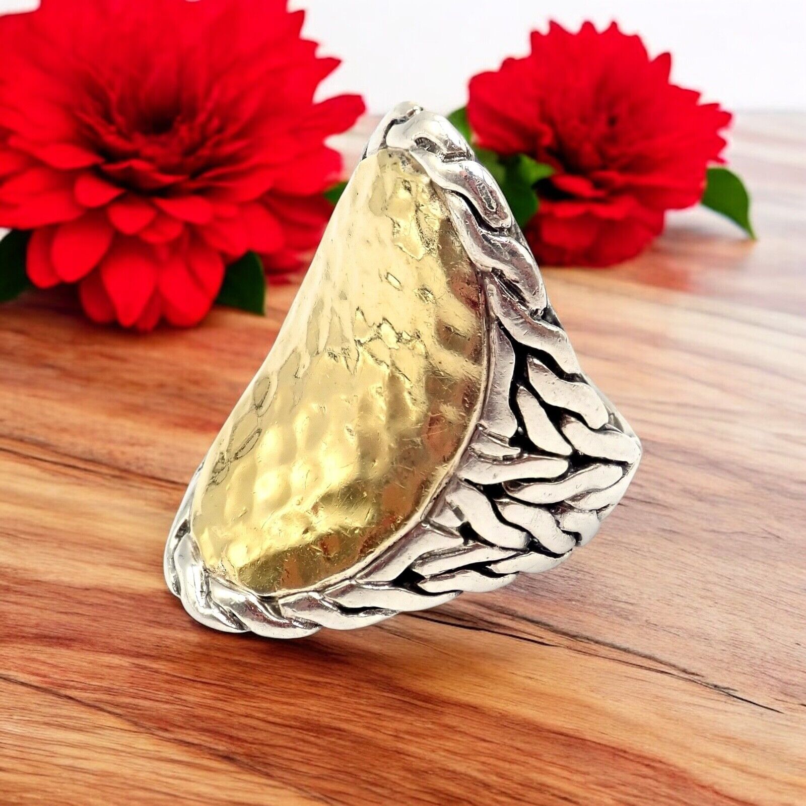 John Hardy JH Silver 22k Yellow Gold Classic Palu Saddle Cocktail Ring sz 7 | Fortrove