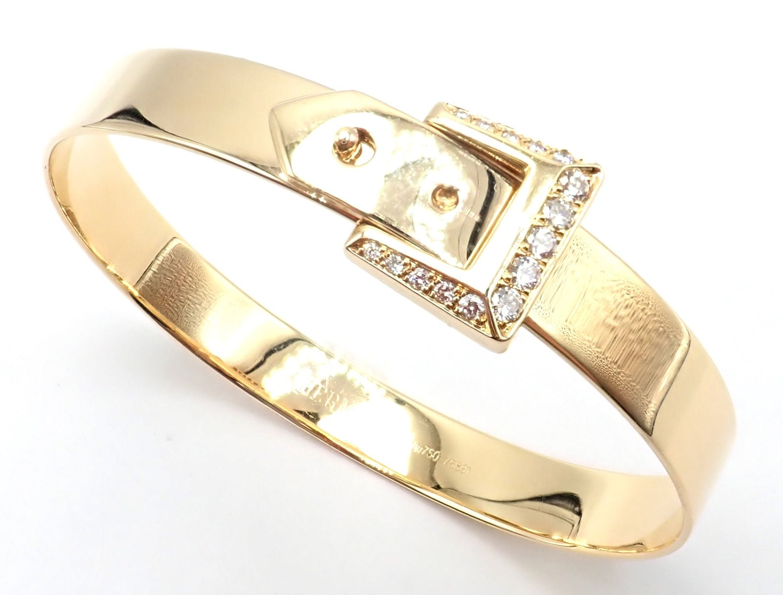 Authentic! Hermes 18k Yellow Gold Diamond Buckle Bangle Bracelet | Fortrove