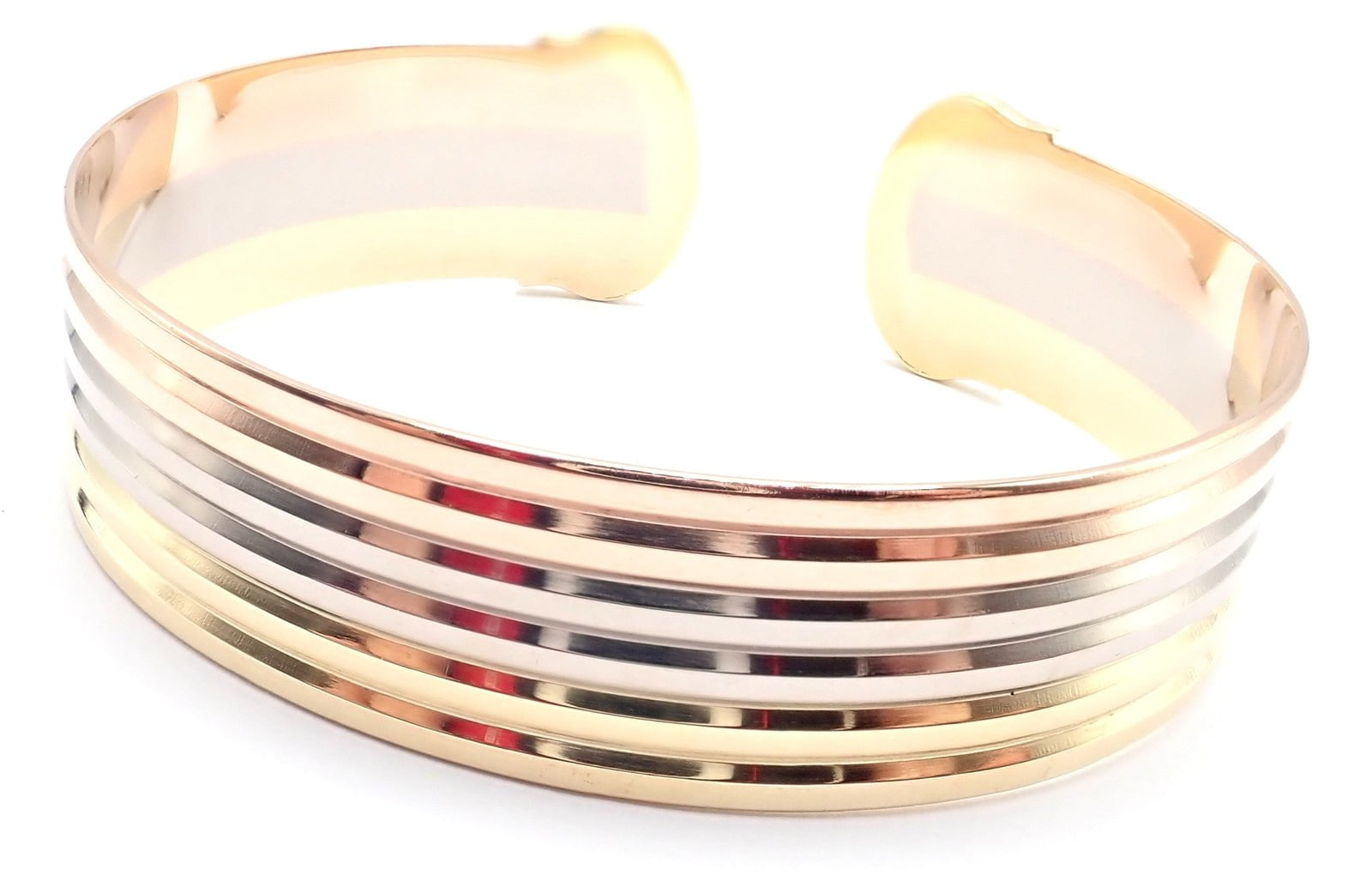Authentic! Cartier 18k Tri-Color Gold Double C Wide Cuff Bangle Bracelet | Fortrove