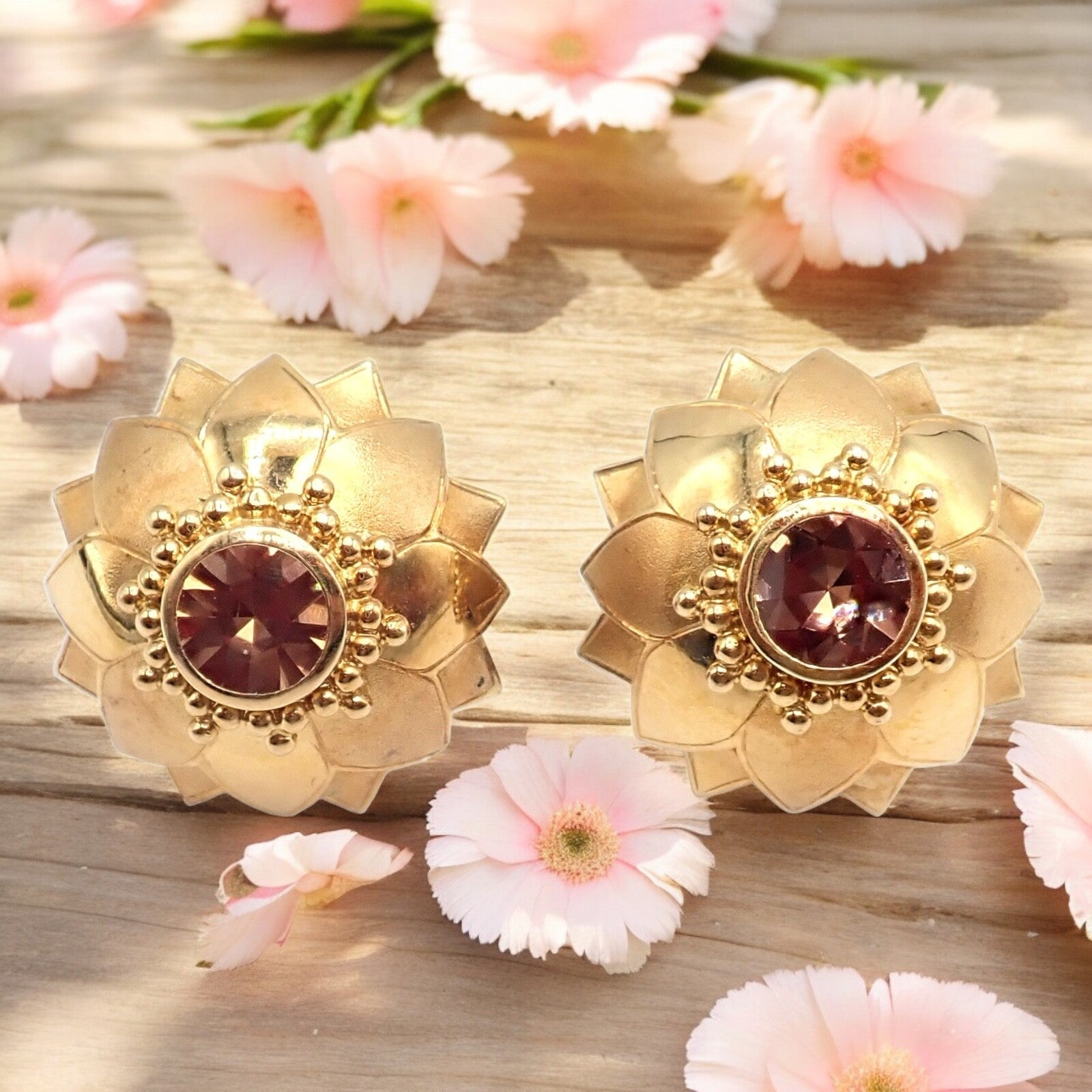 Rare! Vintage Paula Crevoshay 18k Gold Brown Zircon Round Flower Earrings OOAK | Fortrove