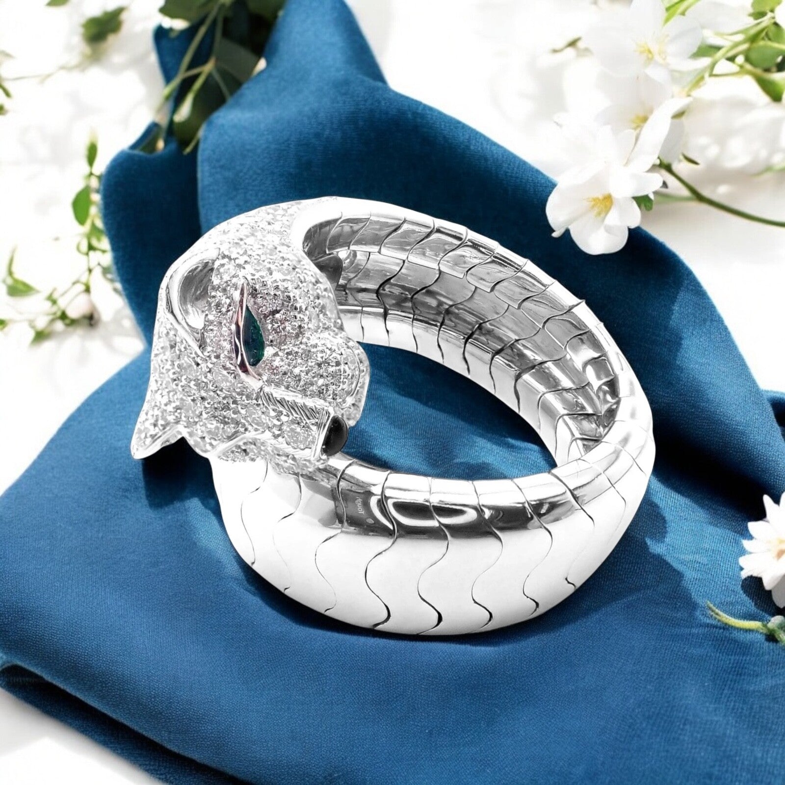 Cartier Jewelry & Watches:Fine Jewelry:Rings Authentic! Cartier Panther 18k White Gold Diamond Emerald Onyx Band Ring Cert.