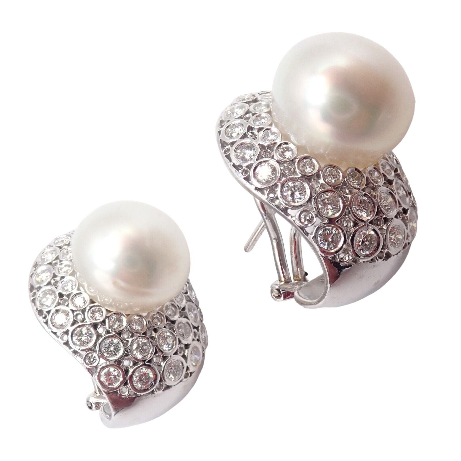 Vintage Estate 18k White Gold Diamond 13mm Pearl Earrings | Fortrove