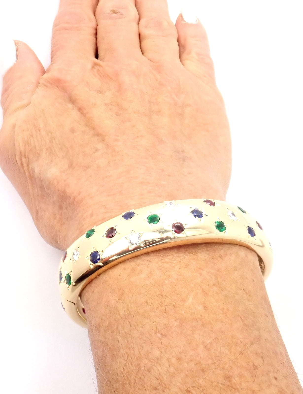 Cartier Jewelry & Watches:Fine Jewelry:Bracelets & Charms Cartier Star 18k Yellow Gold Diamond Ruby Emerald Sapphire Bangle Bracelet Cert.