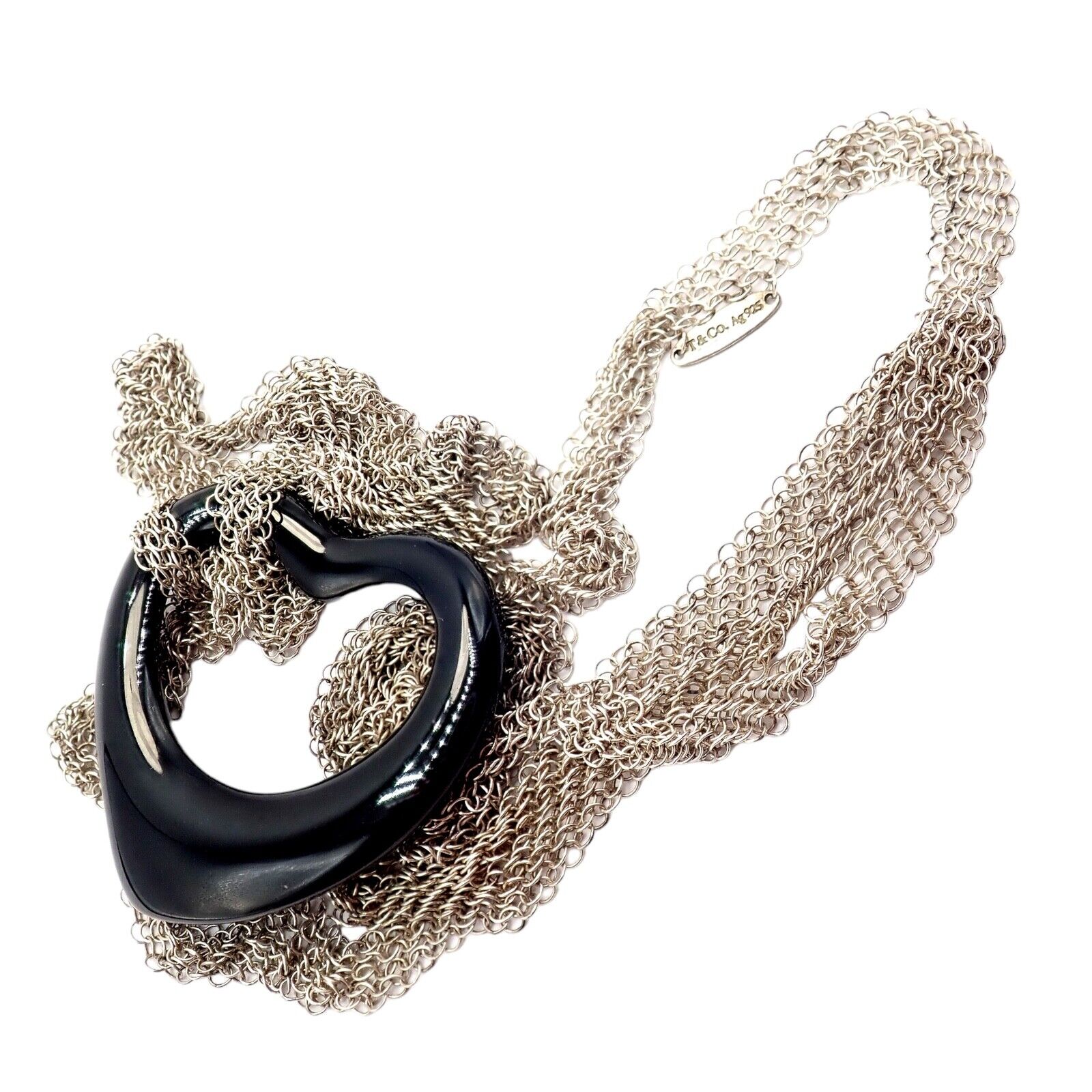 Tiffany & Co Silver Peretti 35mm Large Open Onyx Heart Pendant 28" Mesh Necklace | Fortrove