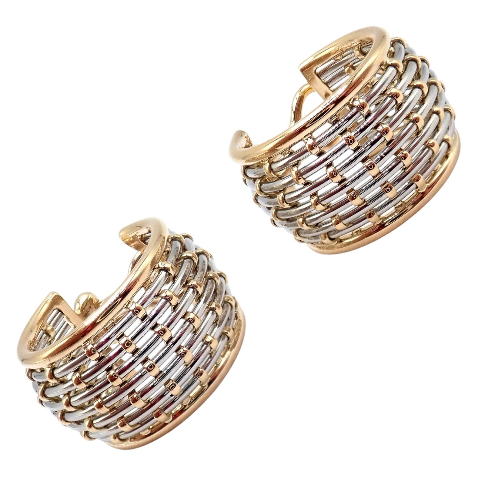 Authentic! Cartier 18k Yellow Gold + SS Basket Weave Ring + Earrings Set | Fortrove