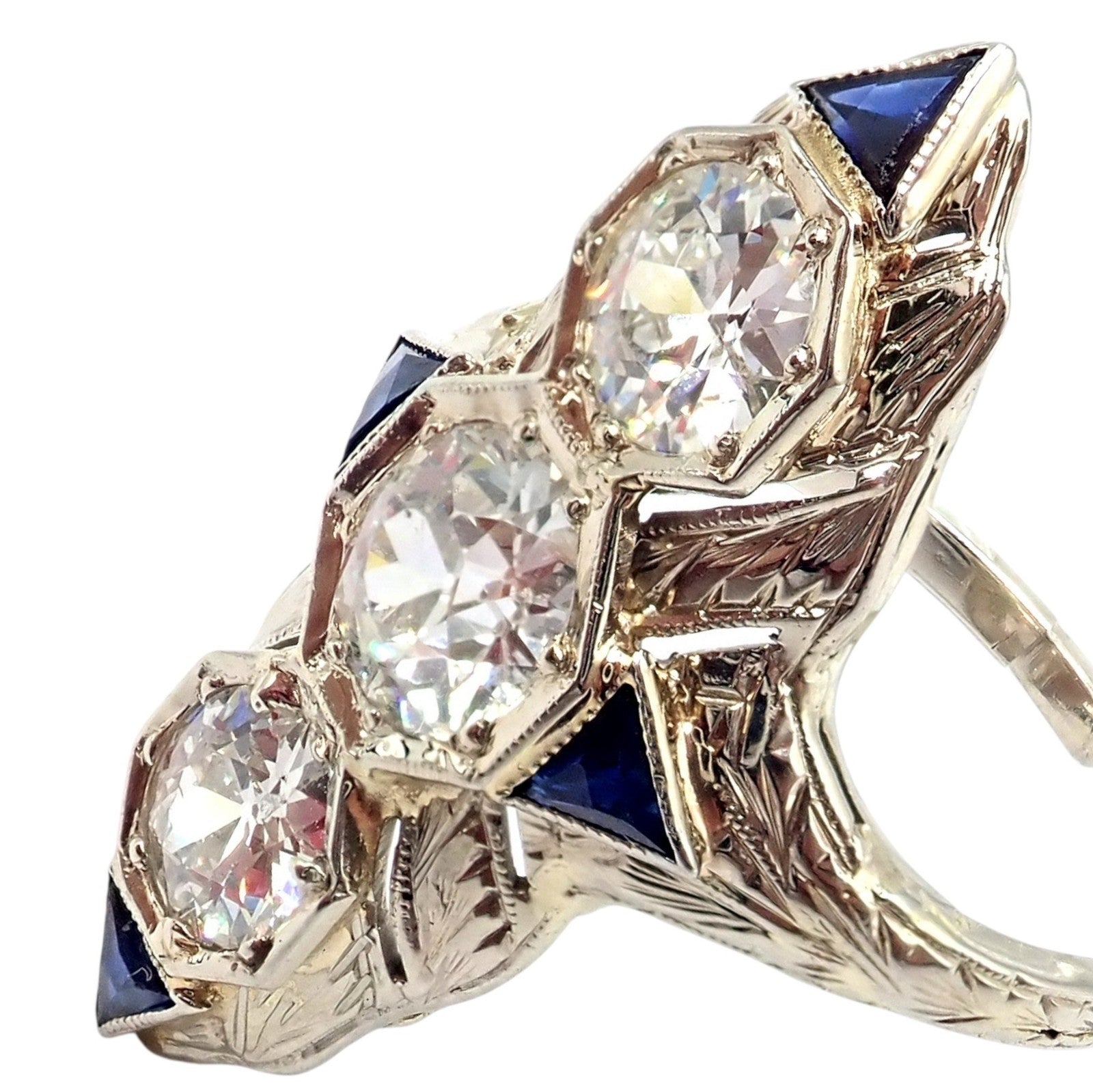 Vintage Estate 20k White Gold Diamond 2ctw Sapphire Art Deco Ring sz 7 | Fortrove
