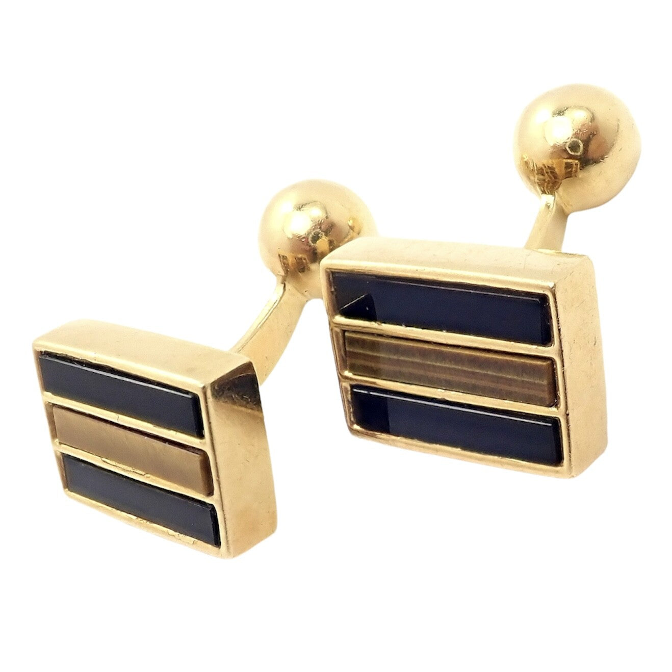 Rare Vintage Tiffany & Co. 18k Yellow Gold Classic Onyx Tiger Eye Cufflinks | Fortrove