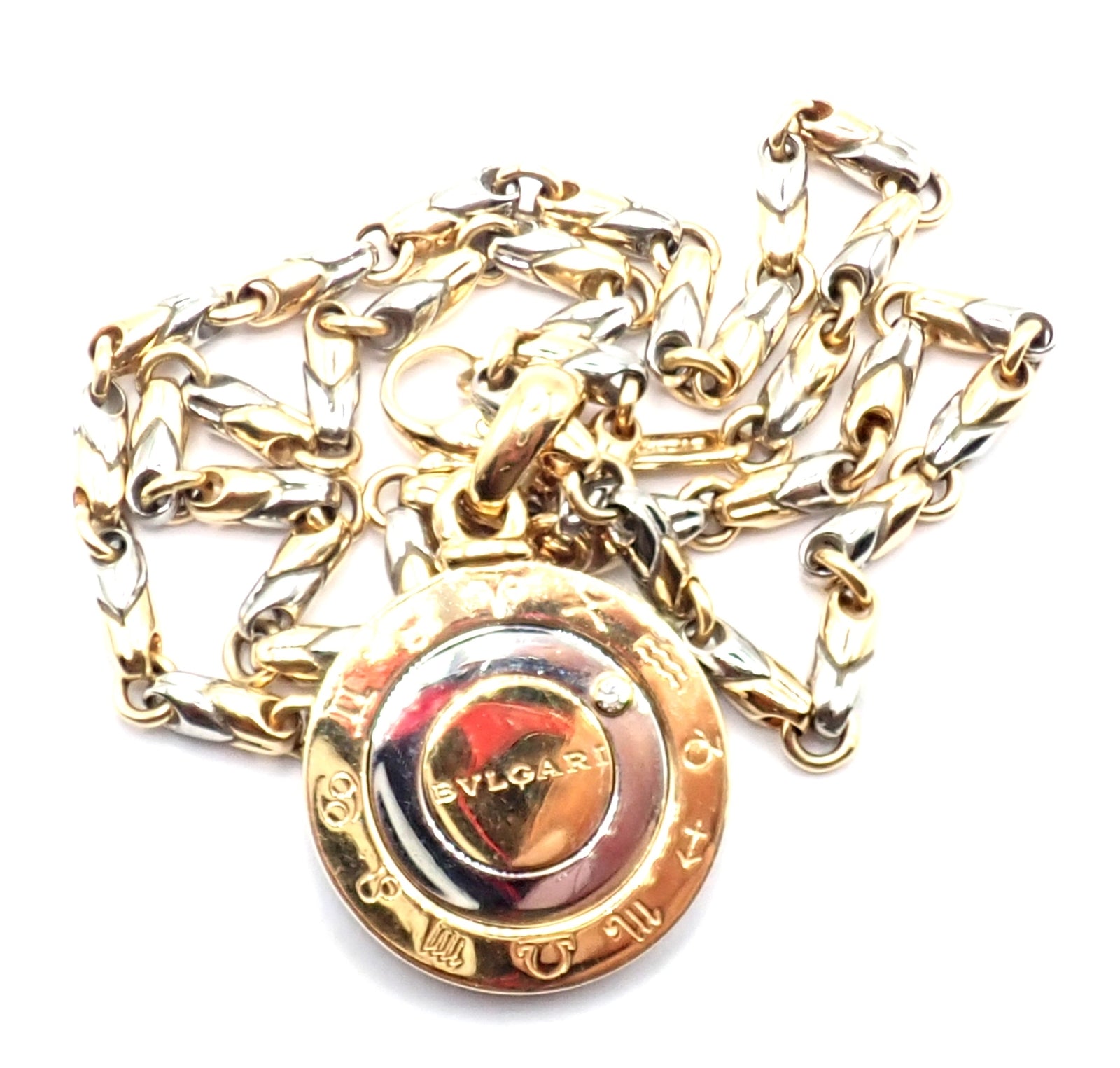 Authentic! Bulgari Bvlgari 18k Yellow Gold Steel Diamond Zodiac Pendant Necklace | Fortrove